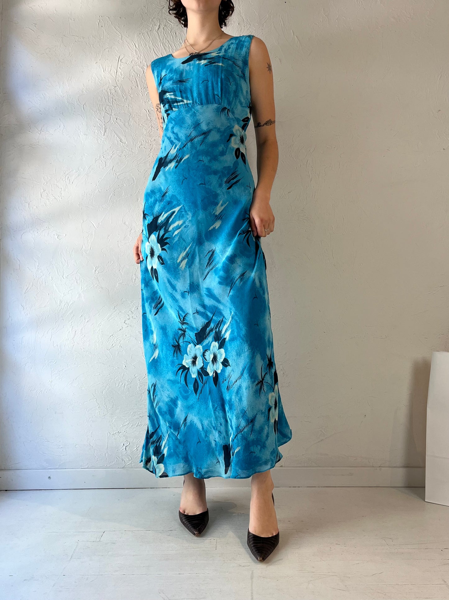 90s 'American Angel' Blue Floral Print Maxi Dress / Medium