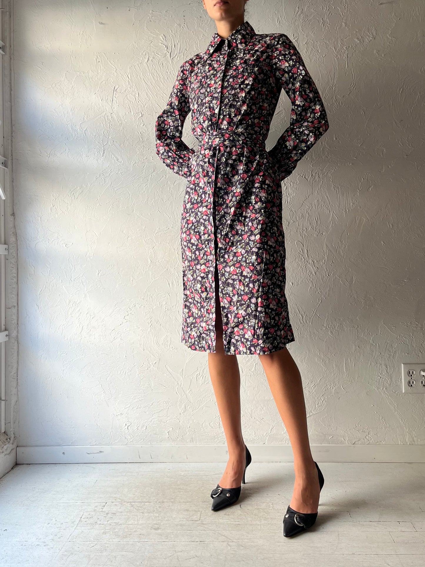 70s 'Ports' Floral Print Button Up Dress / Small