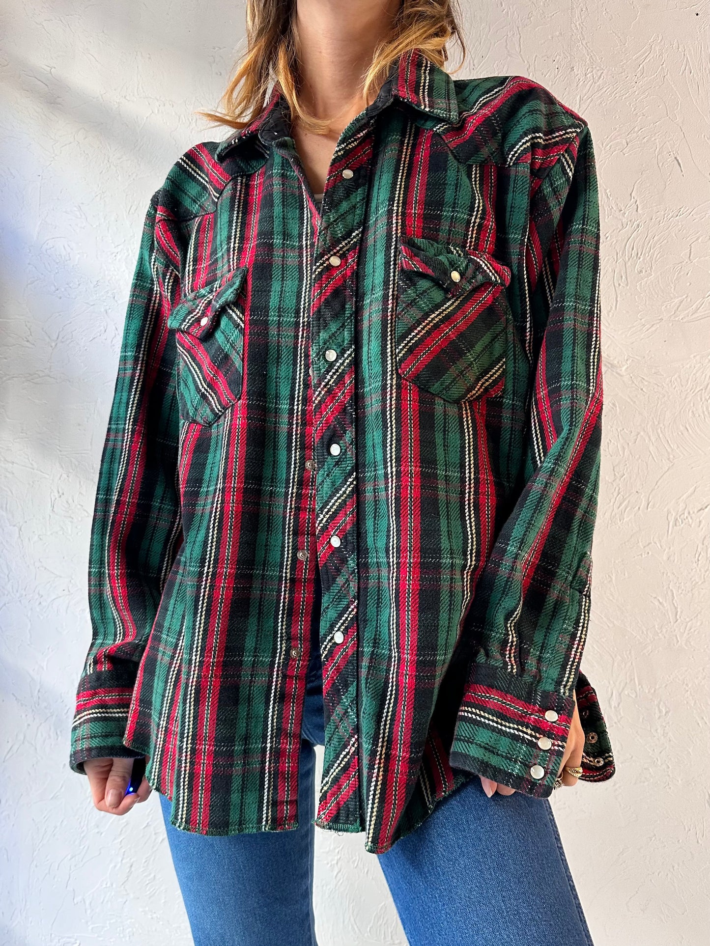 Vintage 'Wrangler' Thick Cotton Plaid Western Pearl Snap Shirt / Large