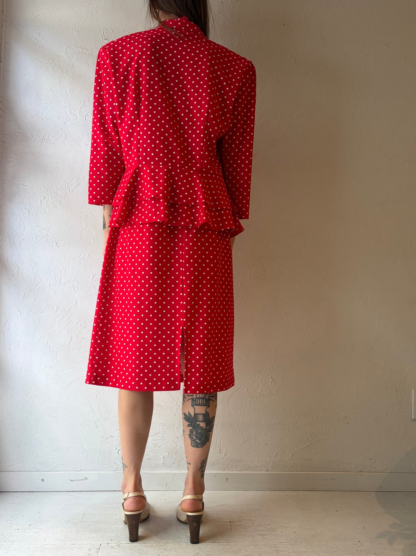 80s Red Polka Dot Skirt Blouse Set / Large