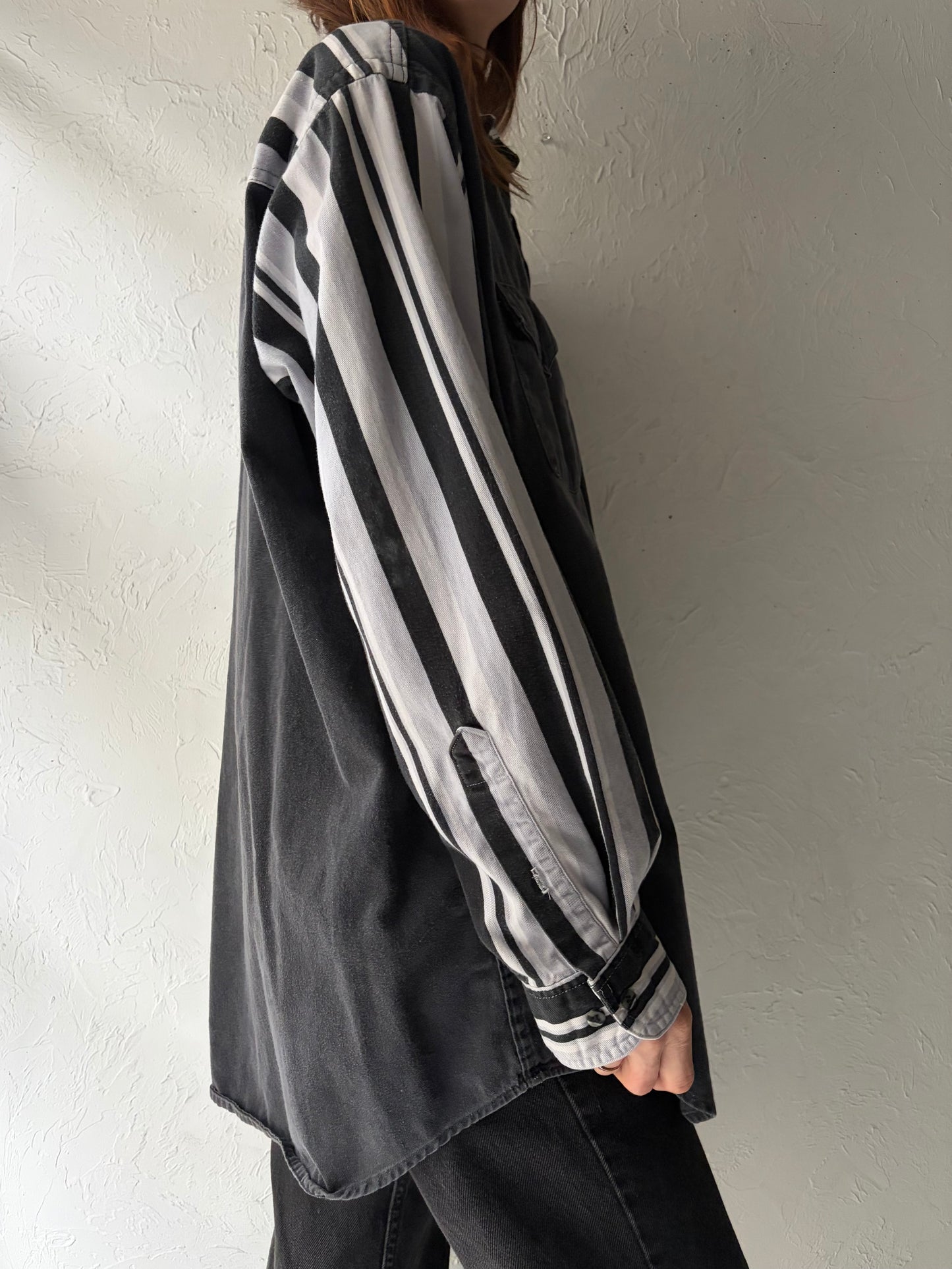 90s 'Mid West Garment' Black Striped Western Button Up Cowboy Workwear Shirt / Large