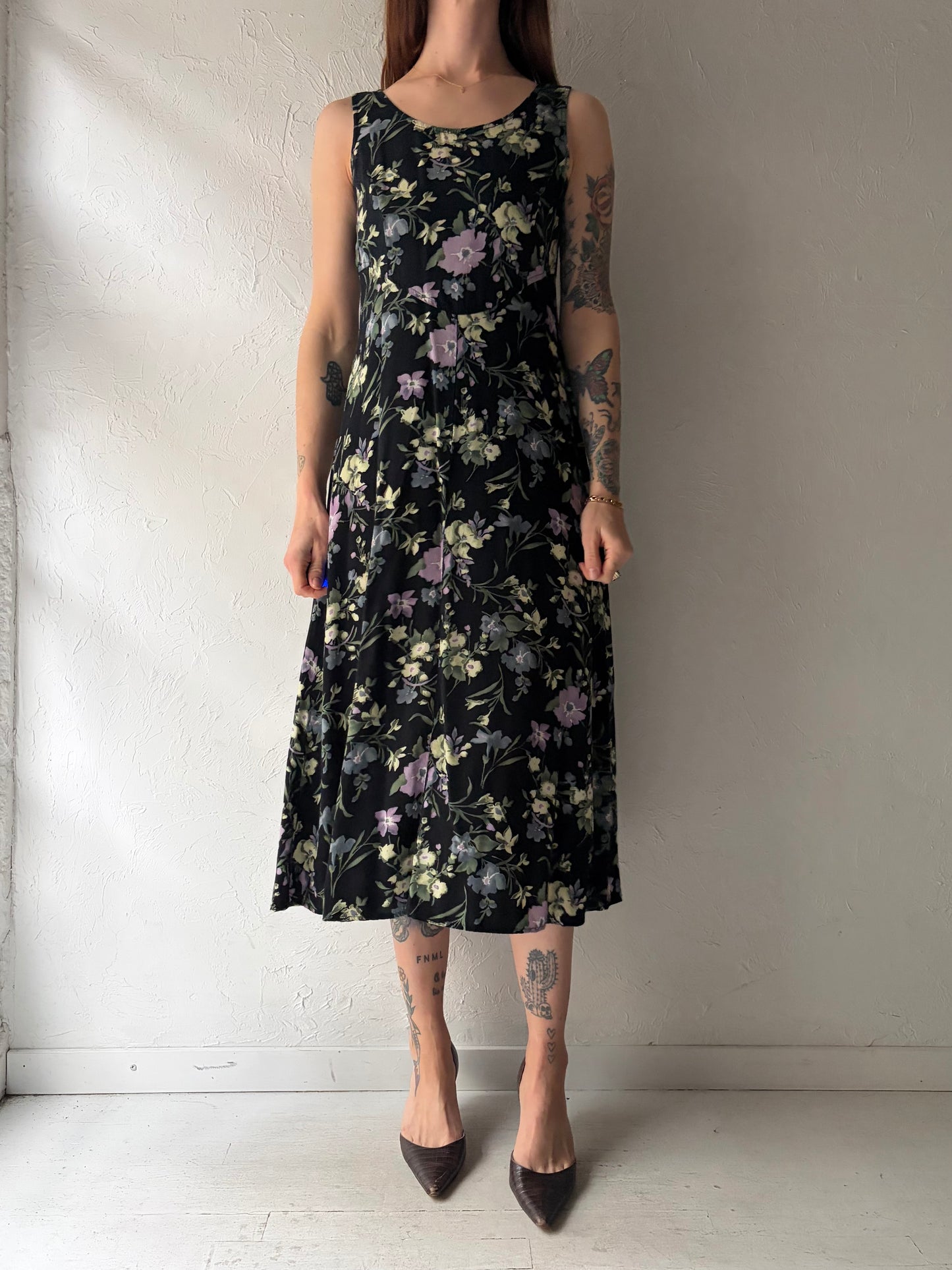 90s 'All That Jazz' Black Floral Print Grunge Spring Dress / Medium
