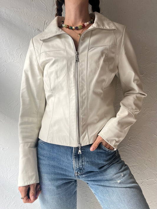 Y2K 'Danier' White Leather Retro Moto Minimalist Streetwear Jacket / Small