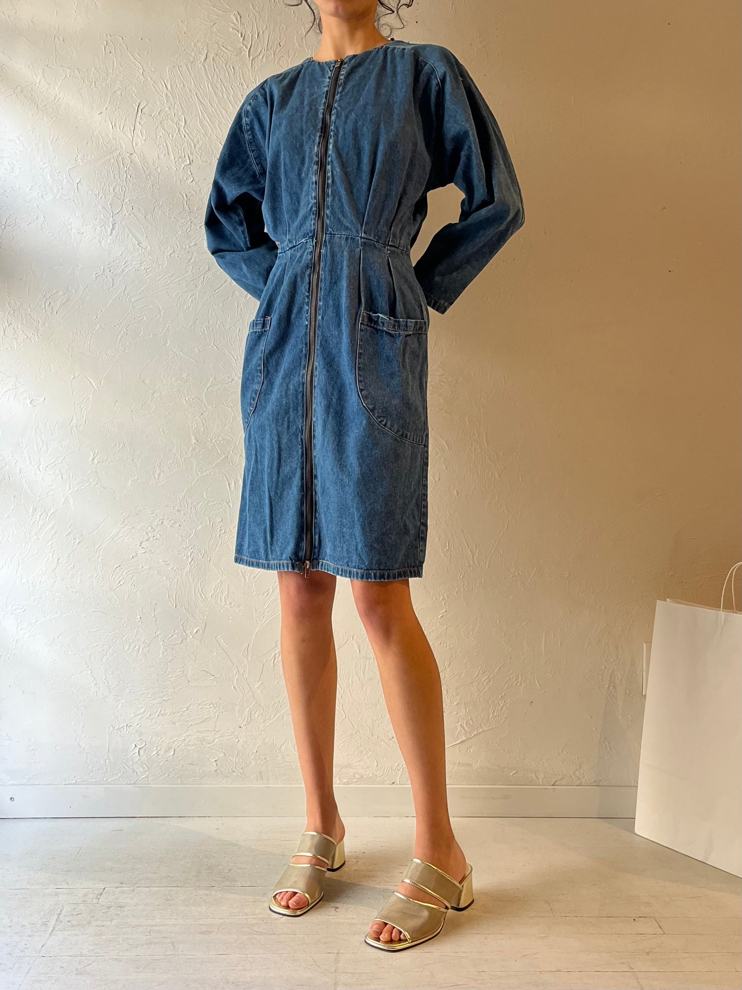 90s ‘CM’ Long Sleeve Denim Mini Dress / Medium