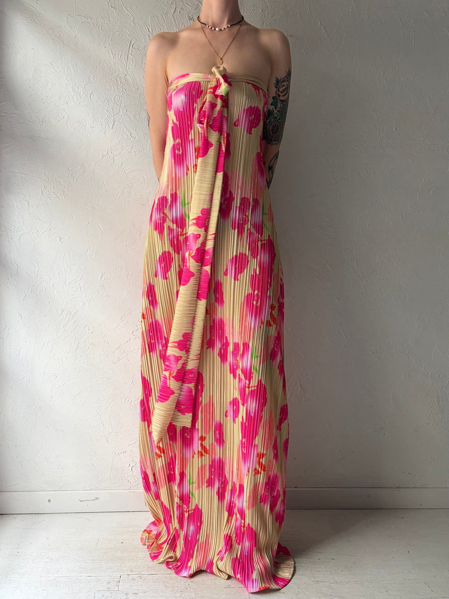 Vintage Handmade Floral Summer Dress / Boho Floral Ribbed Formal Gown / Medium