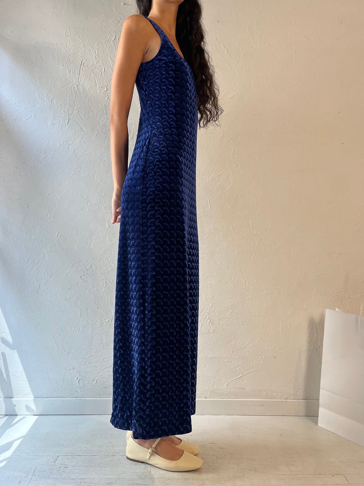 90s 'Algo' Blue Velvet Maxi Dress / Medium