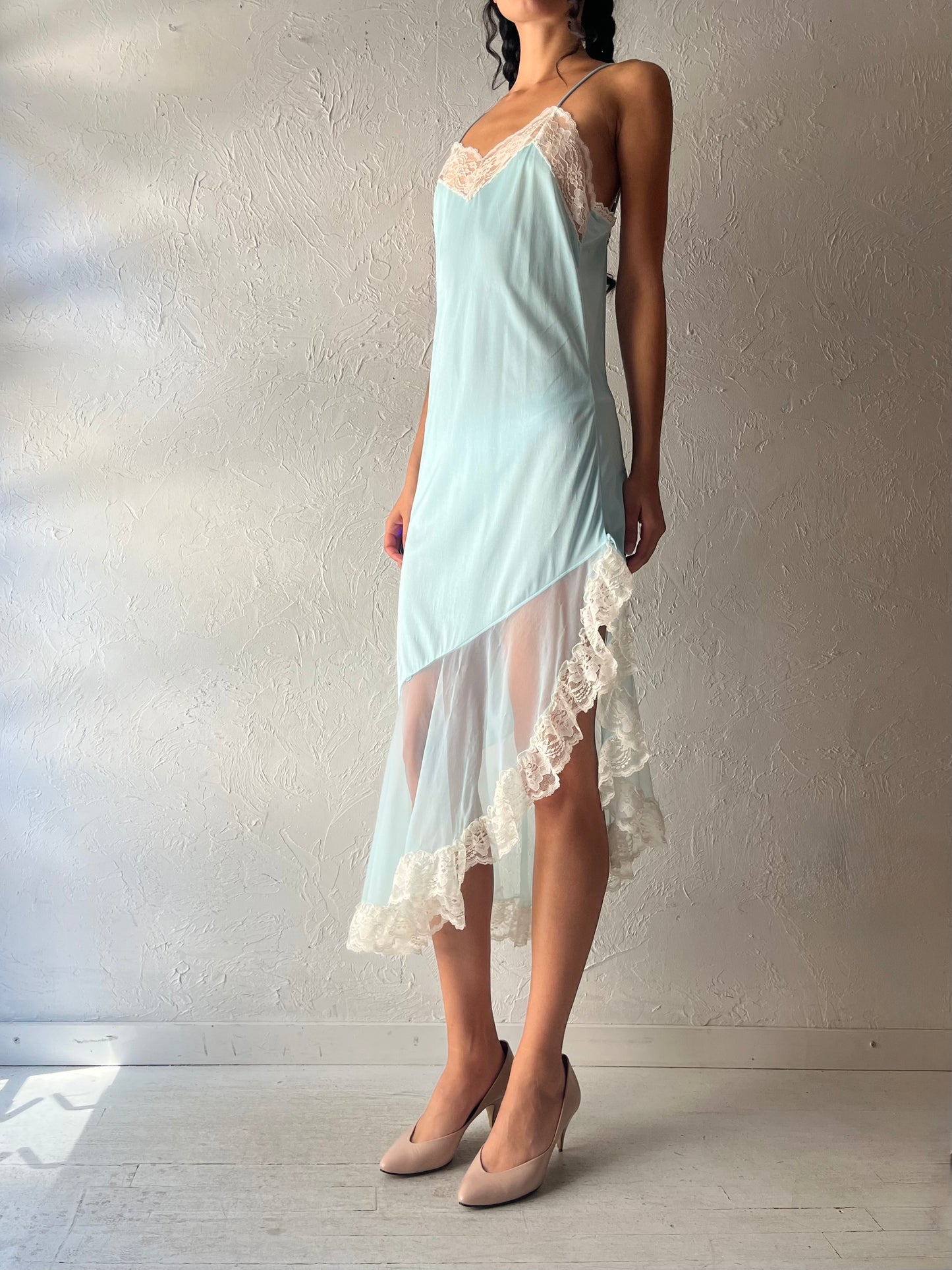 Vintage Assymetrical Baby Blue Slip Dress / Small