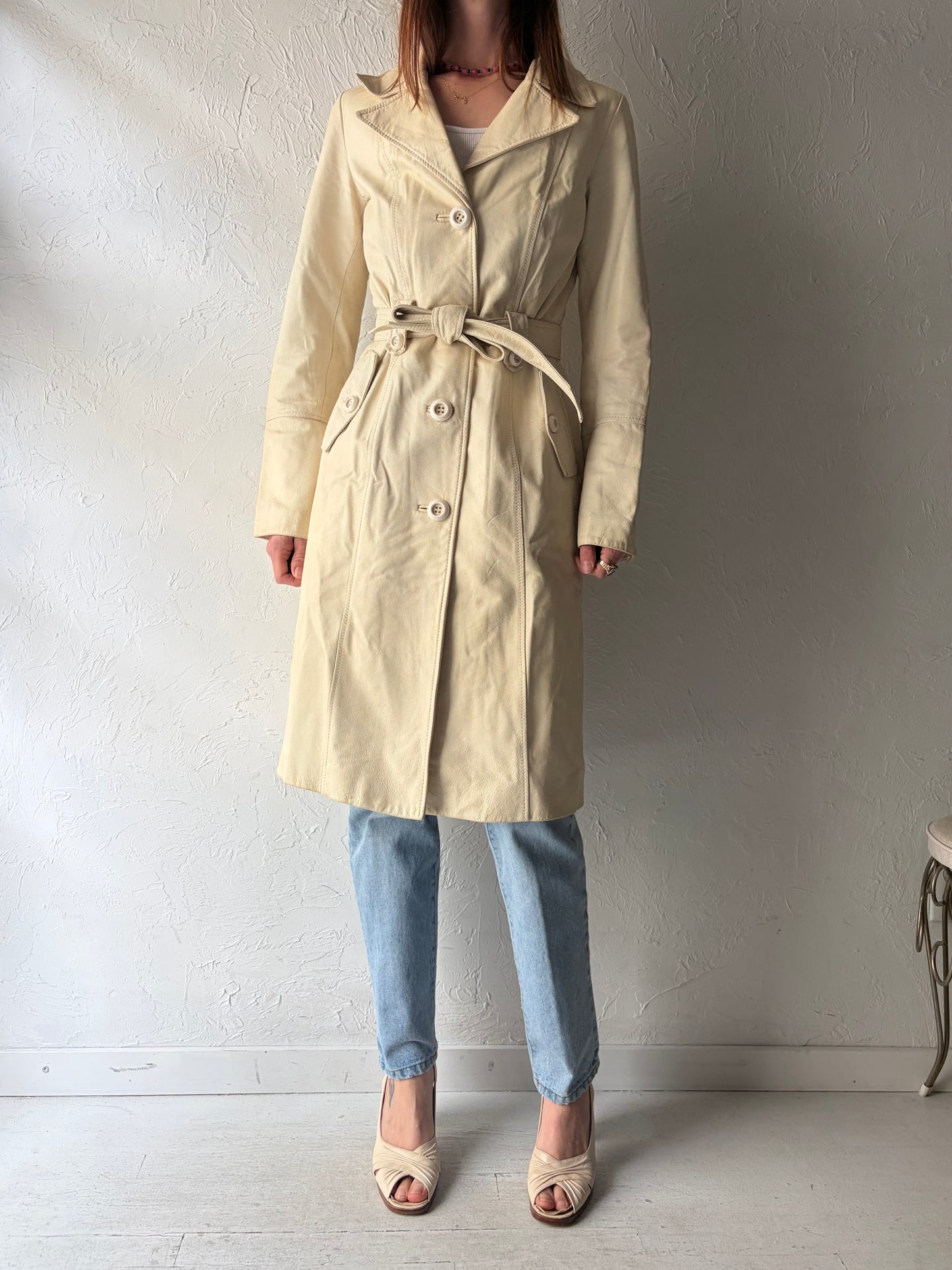 Y2k 'Danier' Cream Mod Leather Trench Coat / Vintage 2000s Minimalist Long Coat / XSmall
