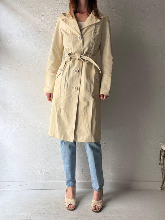 Y2k 'Danier' Cream Mod Leather Trench Coat / Vintage 2000s Minimalist Long Coat / XSmall