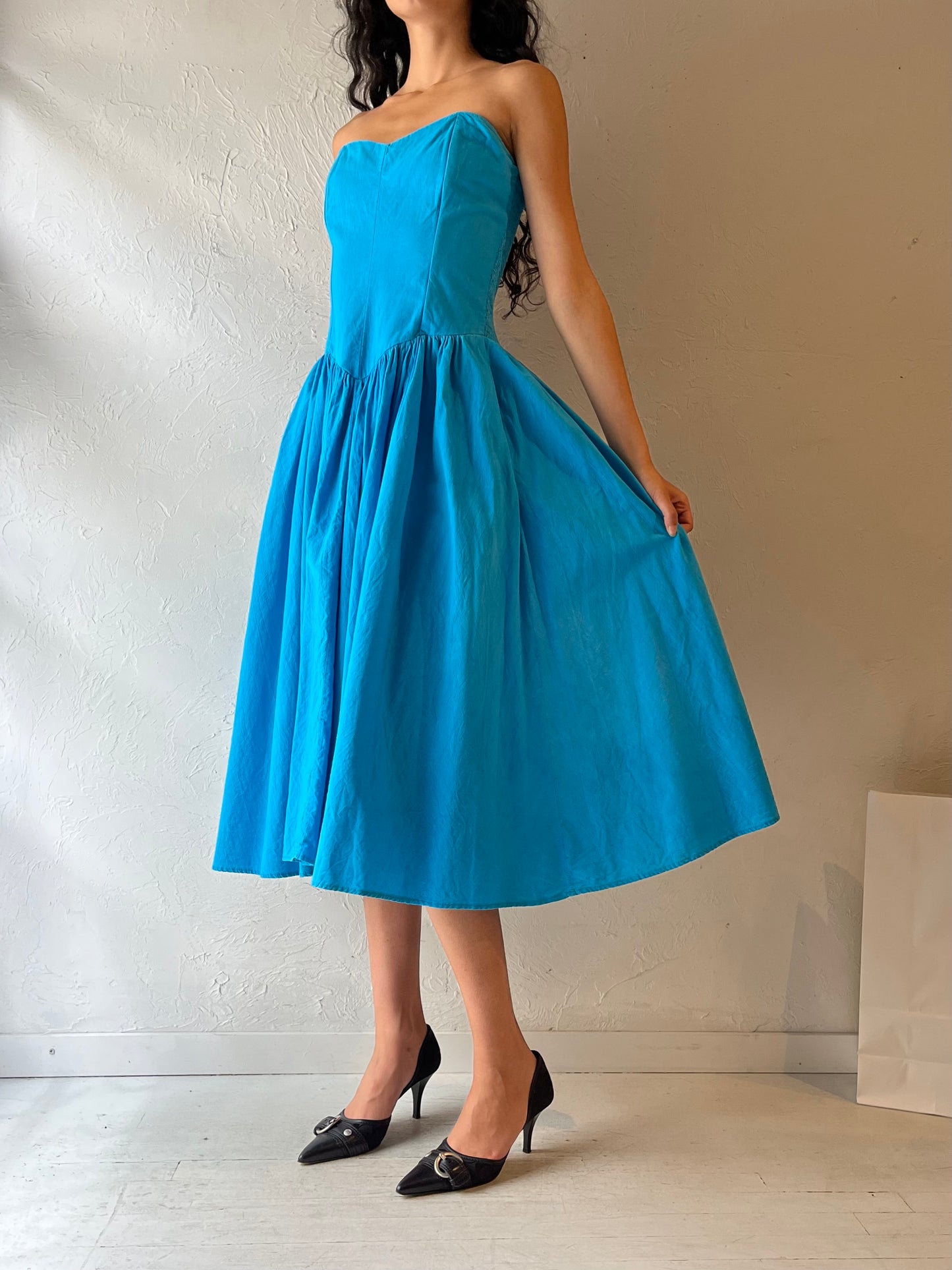 90s ‘Nordstrom’ Blue Strapless Dress / Medium