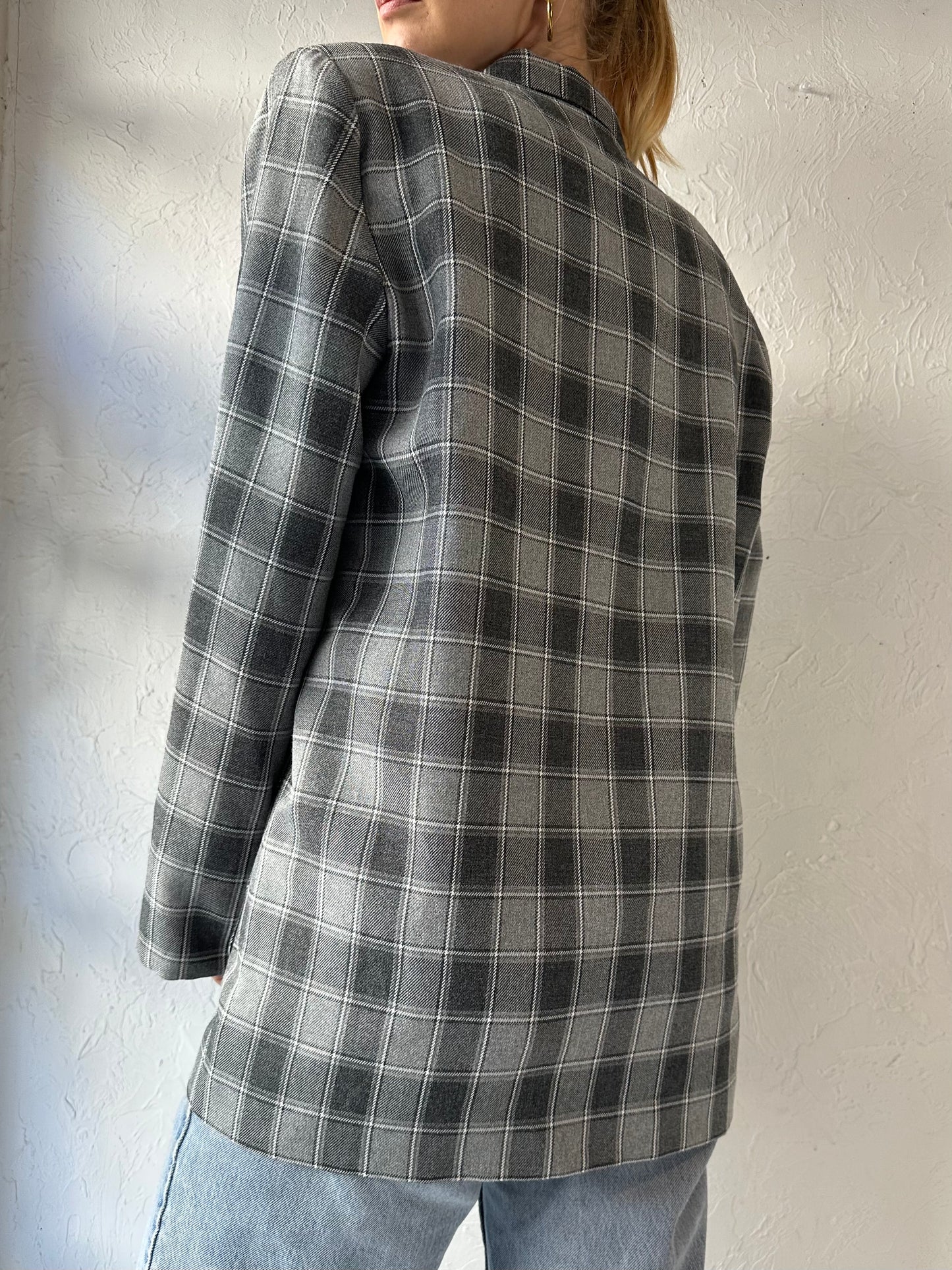 90s 'Lawrence' Gray Plaid Blazer Jacket / Large