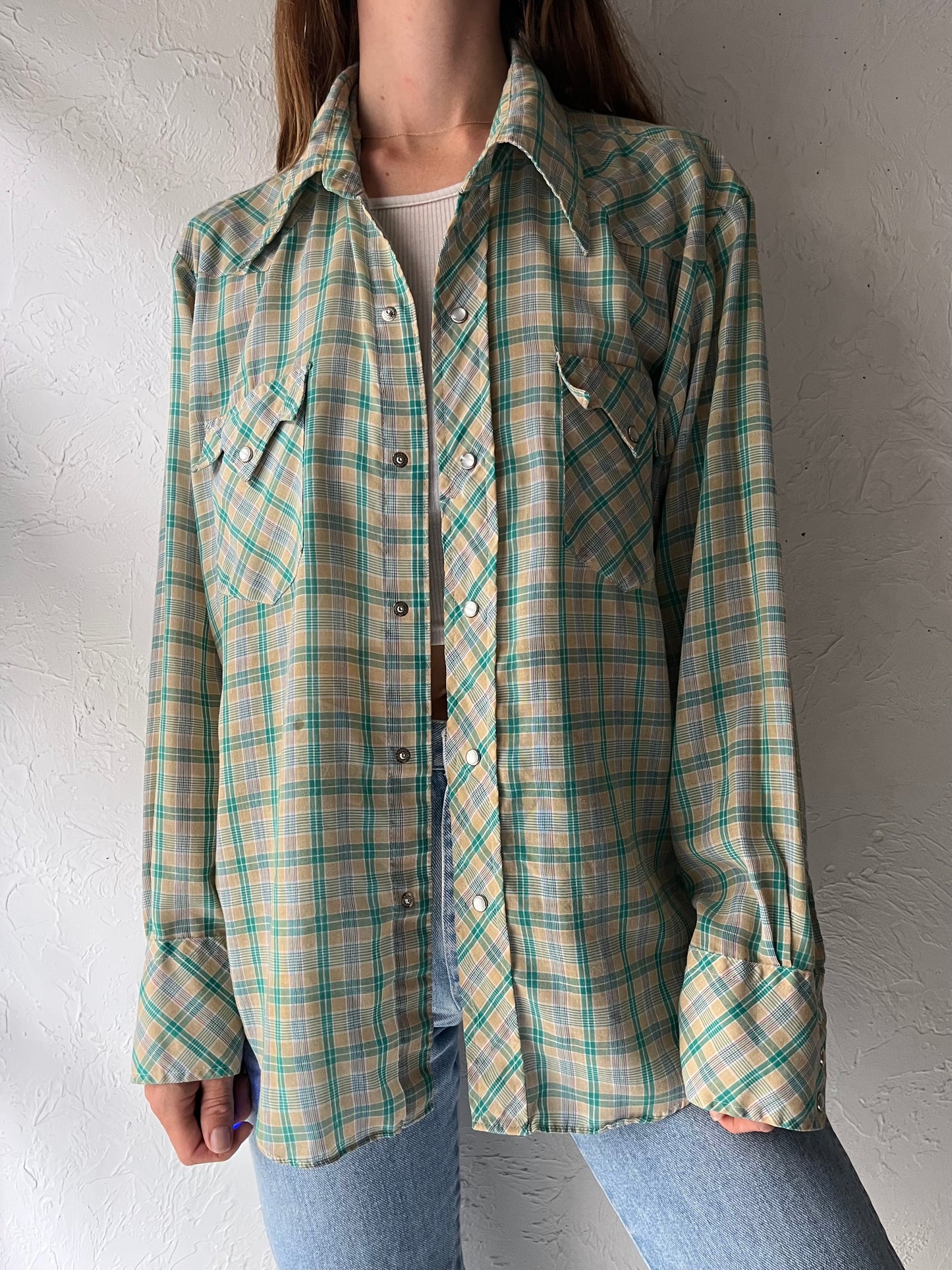 70s 'Kmart' Green Retro Plaid Pearl Snap Western Shirt / Large