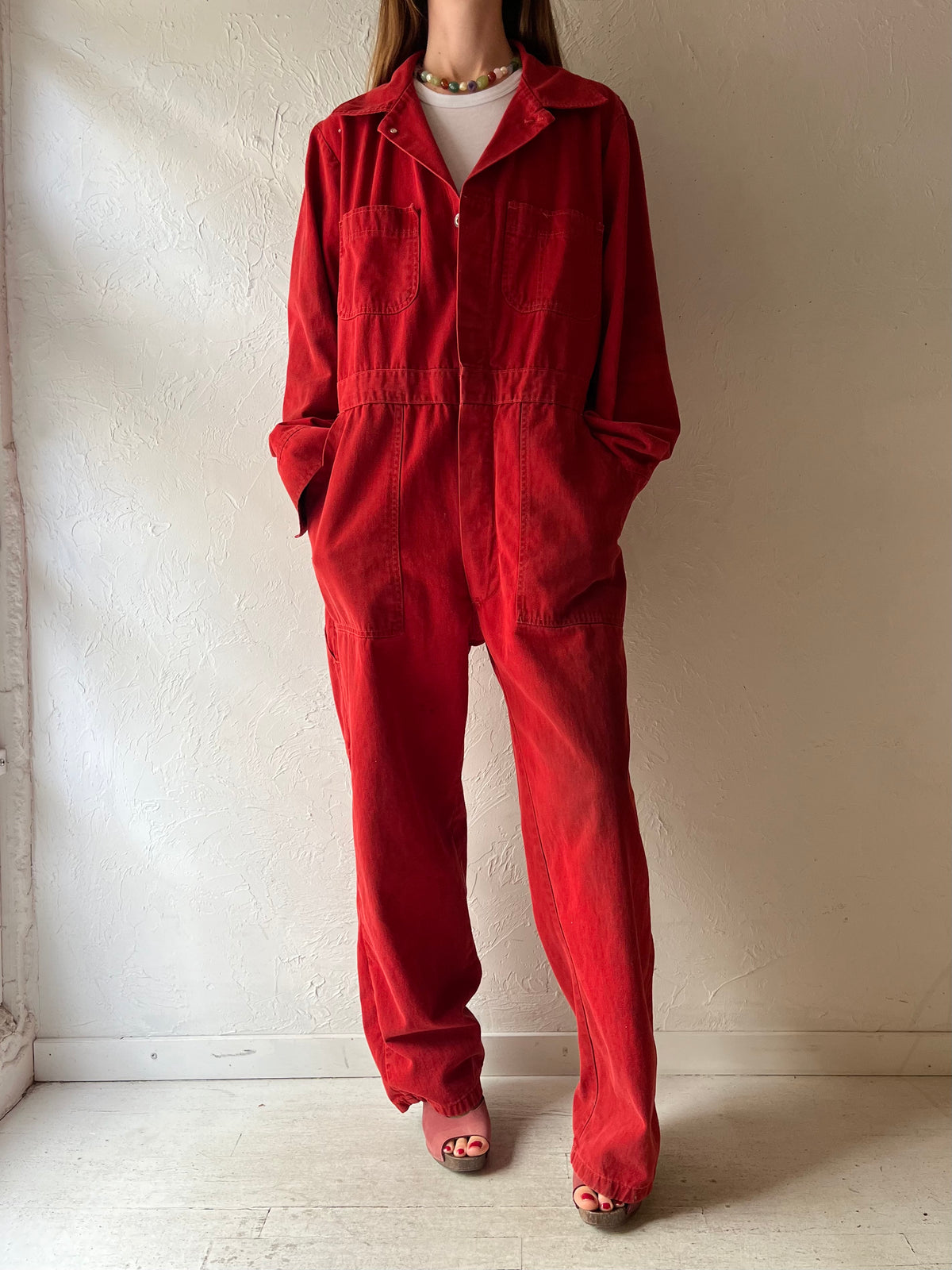 70s Red Cotton Workwear Boiler Suit / Large