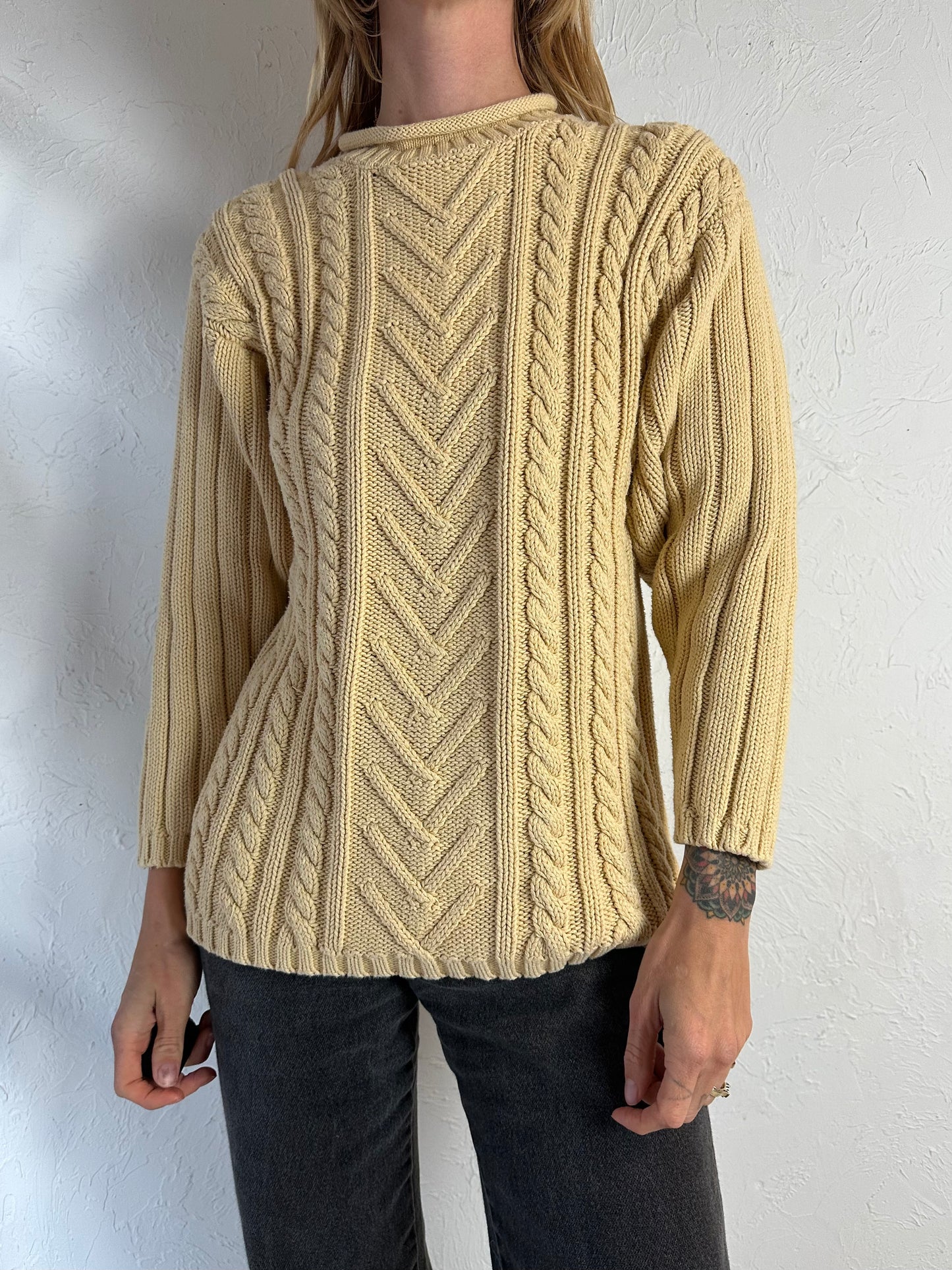 90s 'Jessica' Cream Cotton Cable Knit Sweater / Medium