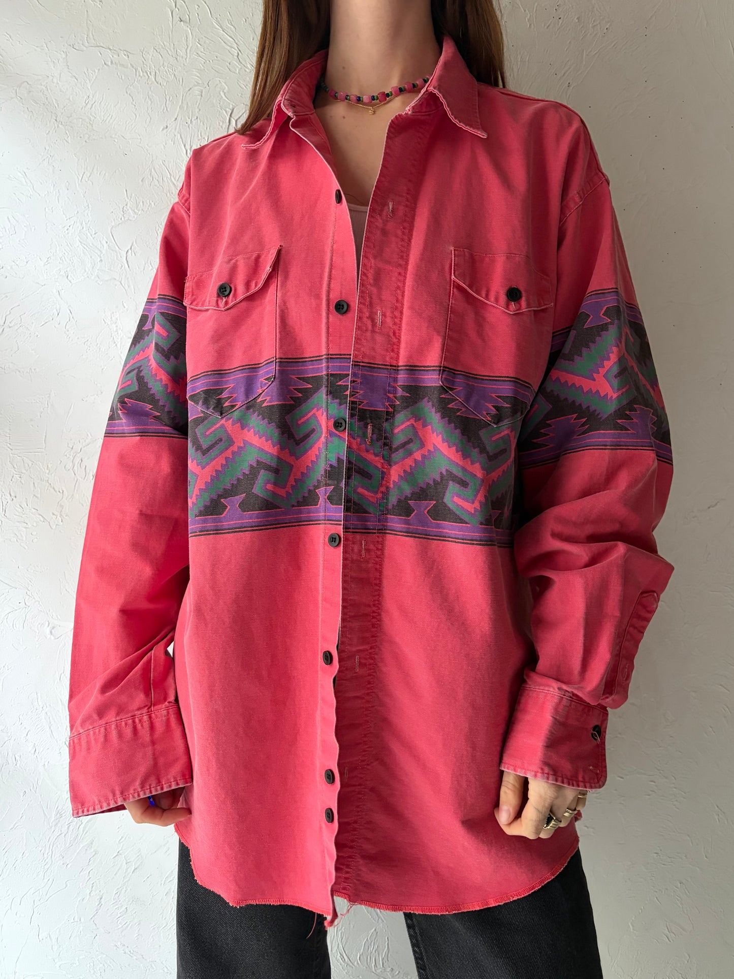 90s 'Wrangler' Retro Patterned Western Cowboy Work Wear Shirt / XL
