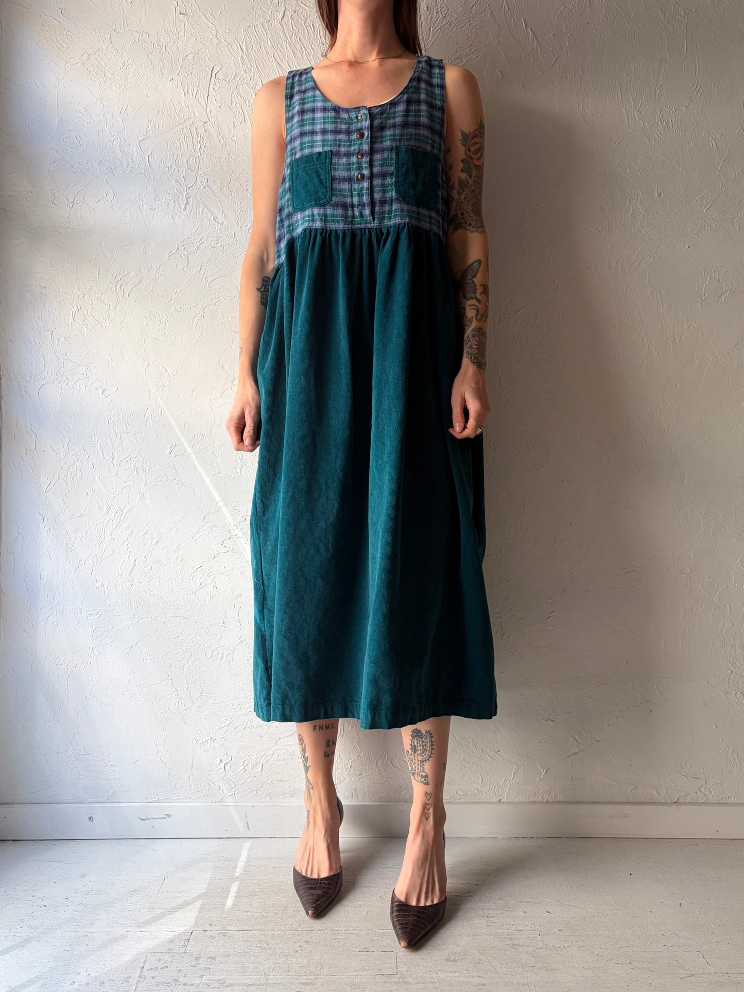 90s 'Erika' Blue Corduroy Cottage Core Chore Dress / Large