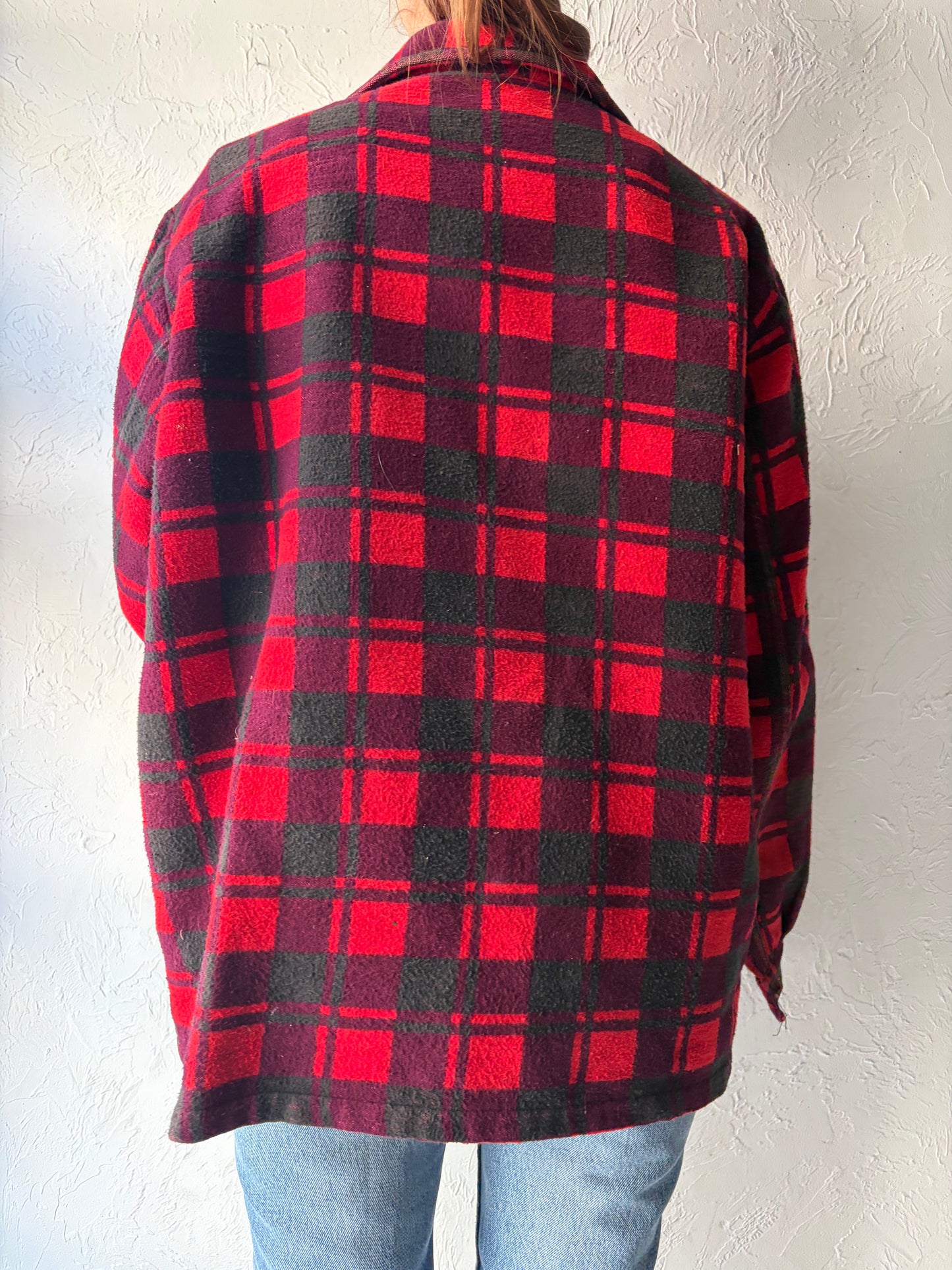 90s 'Champion' Red Trashed Cotton Plaid Oxford / 1990s Work Wear Button Up Shirt / Large