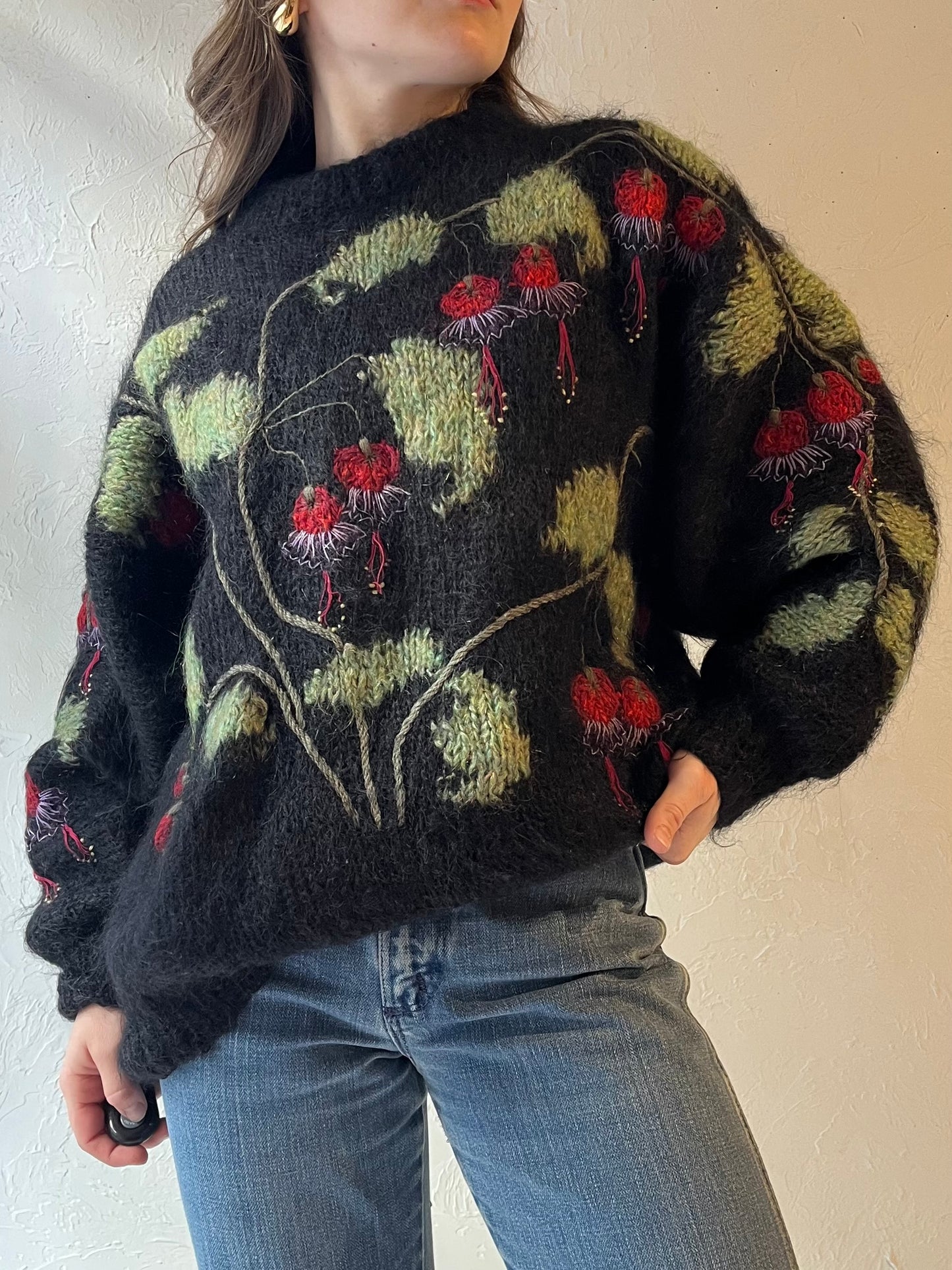 90s 'Chapys' Black Wool Floral Knit Sweater / Medium