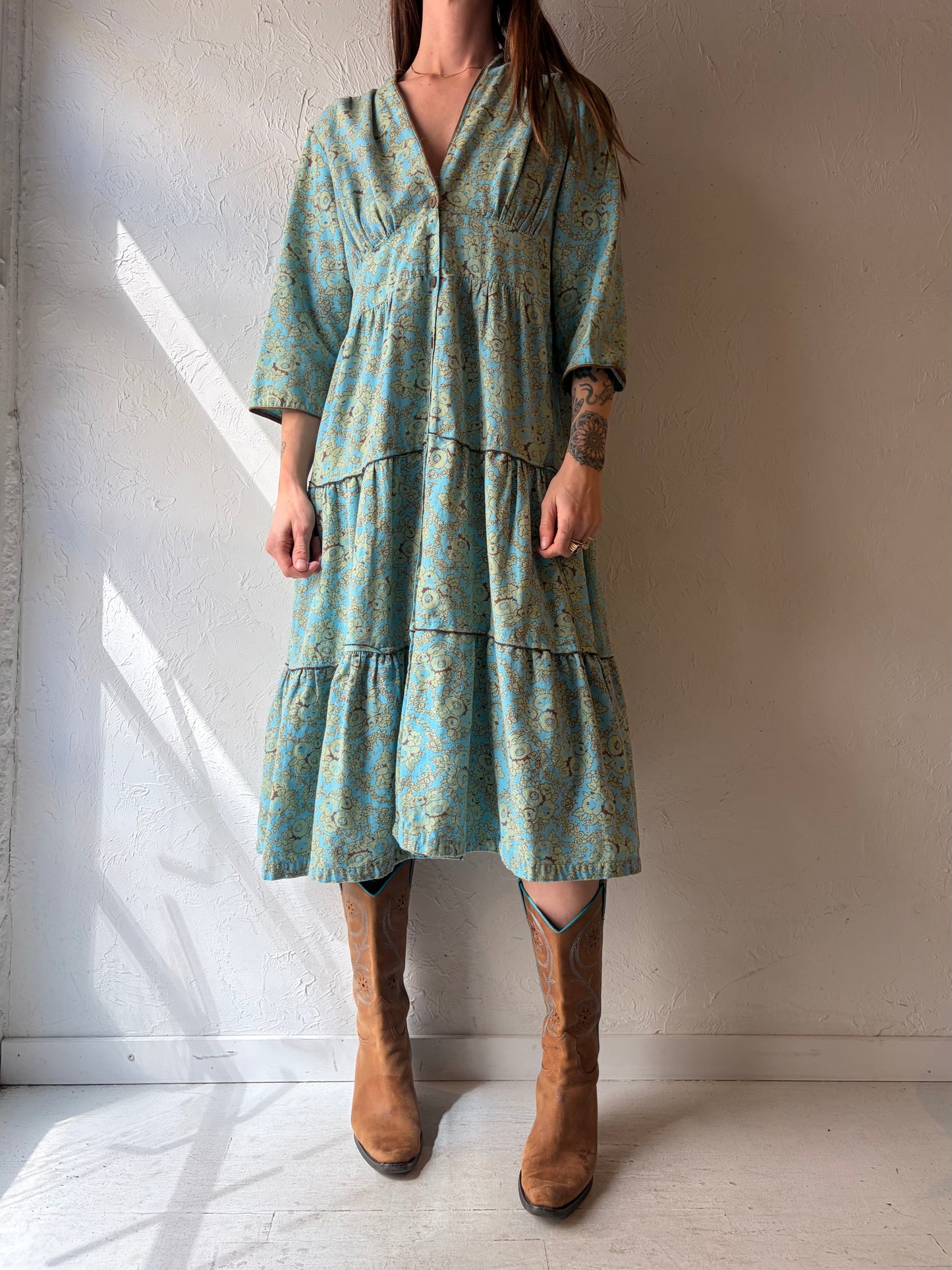 90s 'April Cornell' Blue Tiered Floral Print Cotton Western Spring Dress / Small