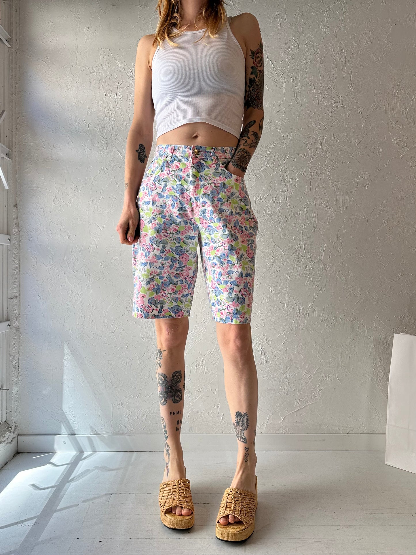 90s 'In Clothes' Floral Print Denim Shorts / Medium