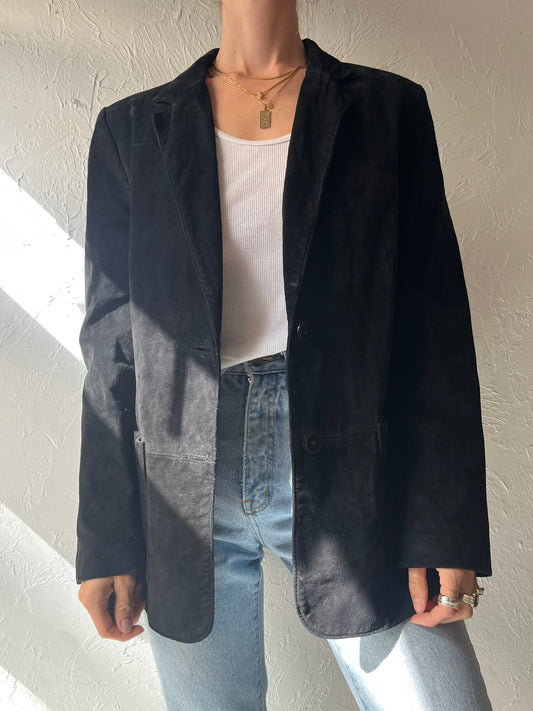 90s 'Danier' Black Suede Leather Minimalist Dark Academia Blazer Jacket / Medium