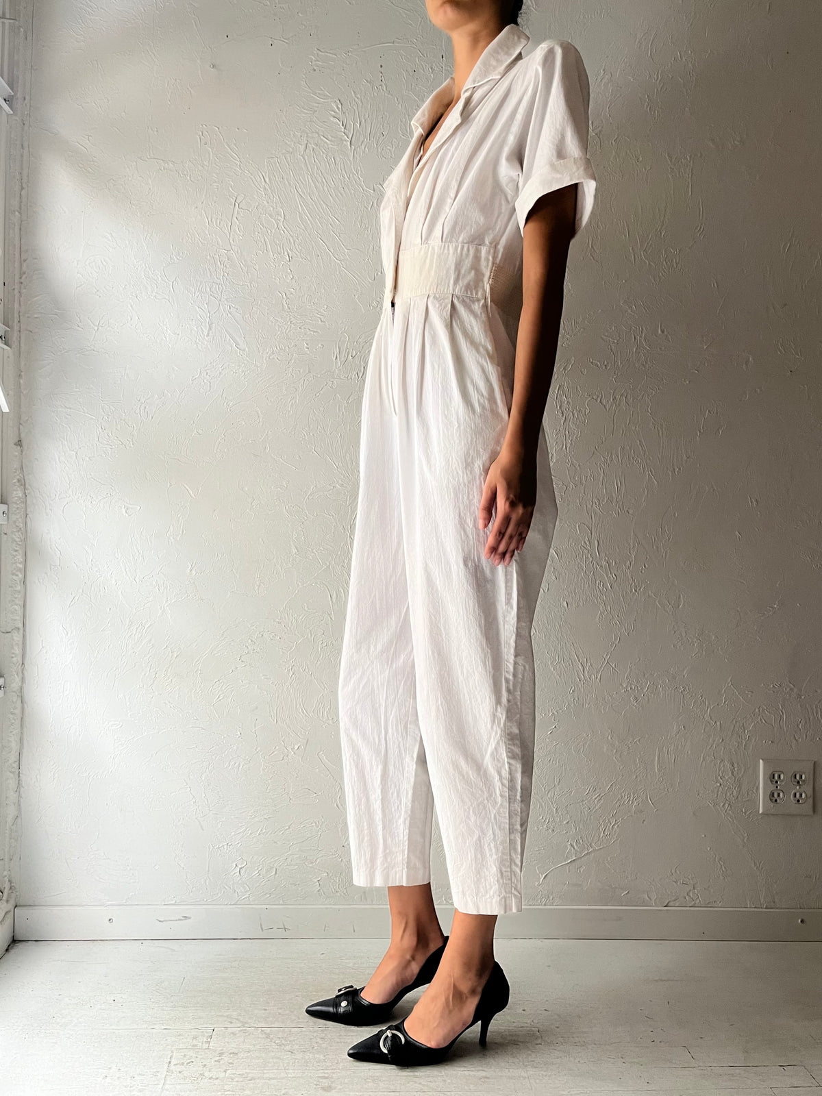 Vintage White Cotton Collared Retro Jumpsuit / Small