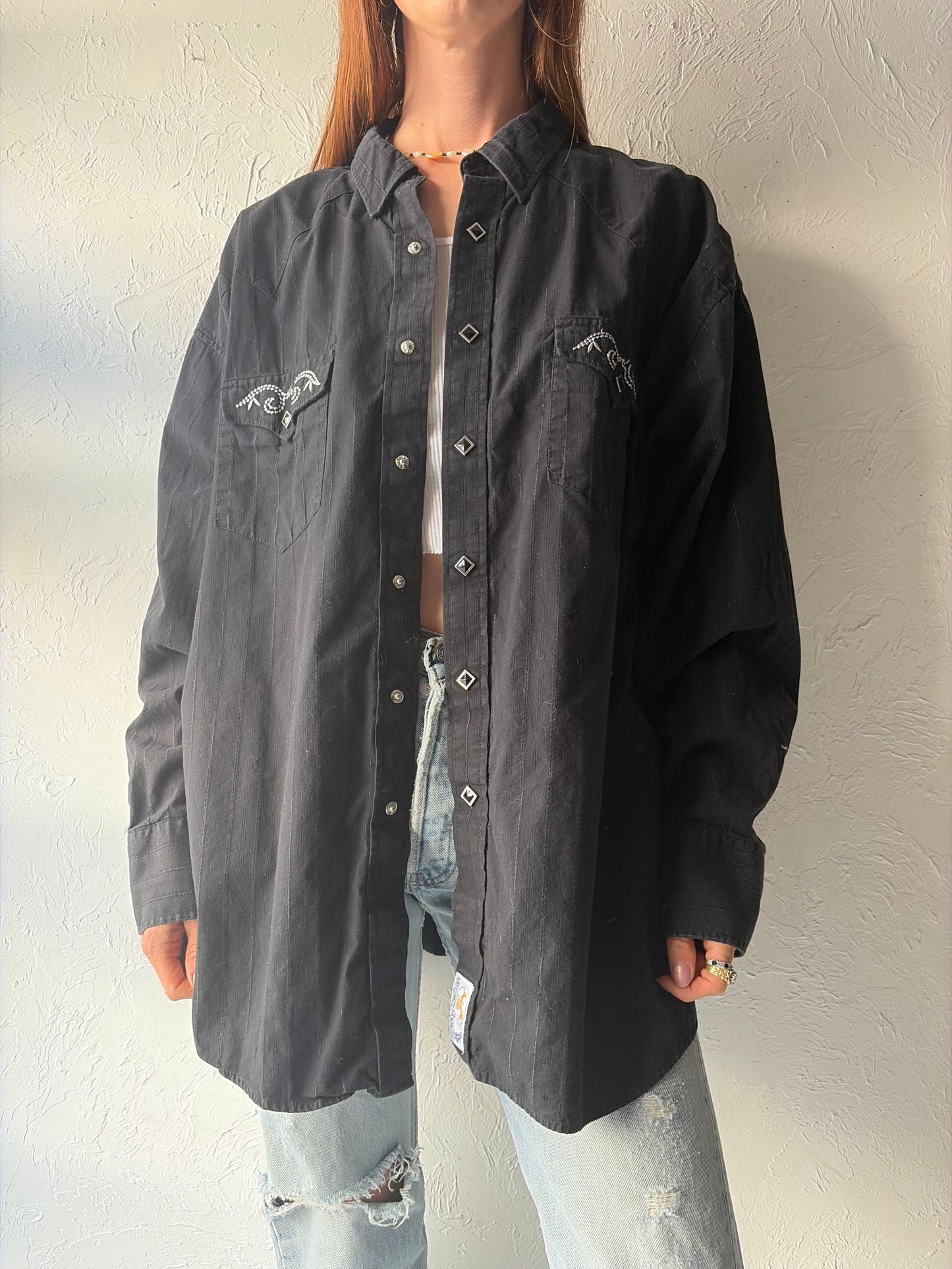 Y2k 'Parhandle' Black Embroidered Western Cowboy Workwear Snap Up Shirt / XL