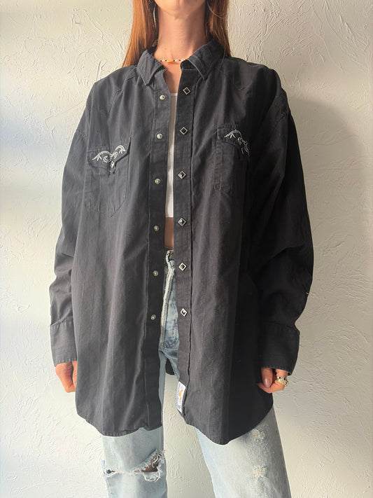 Y2k 'Parhandle' Black Embroidered Western Cowboy Workwear Snap Up Shirt / XL