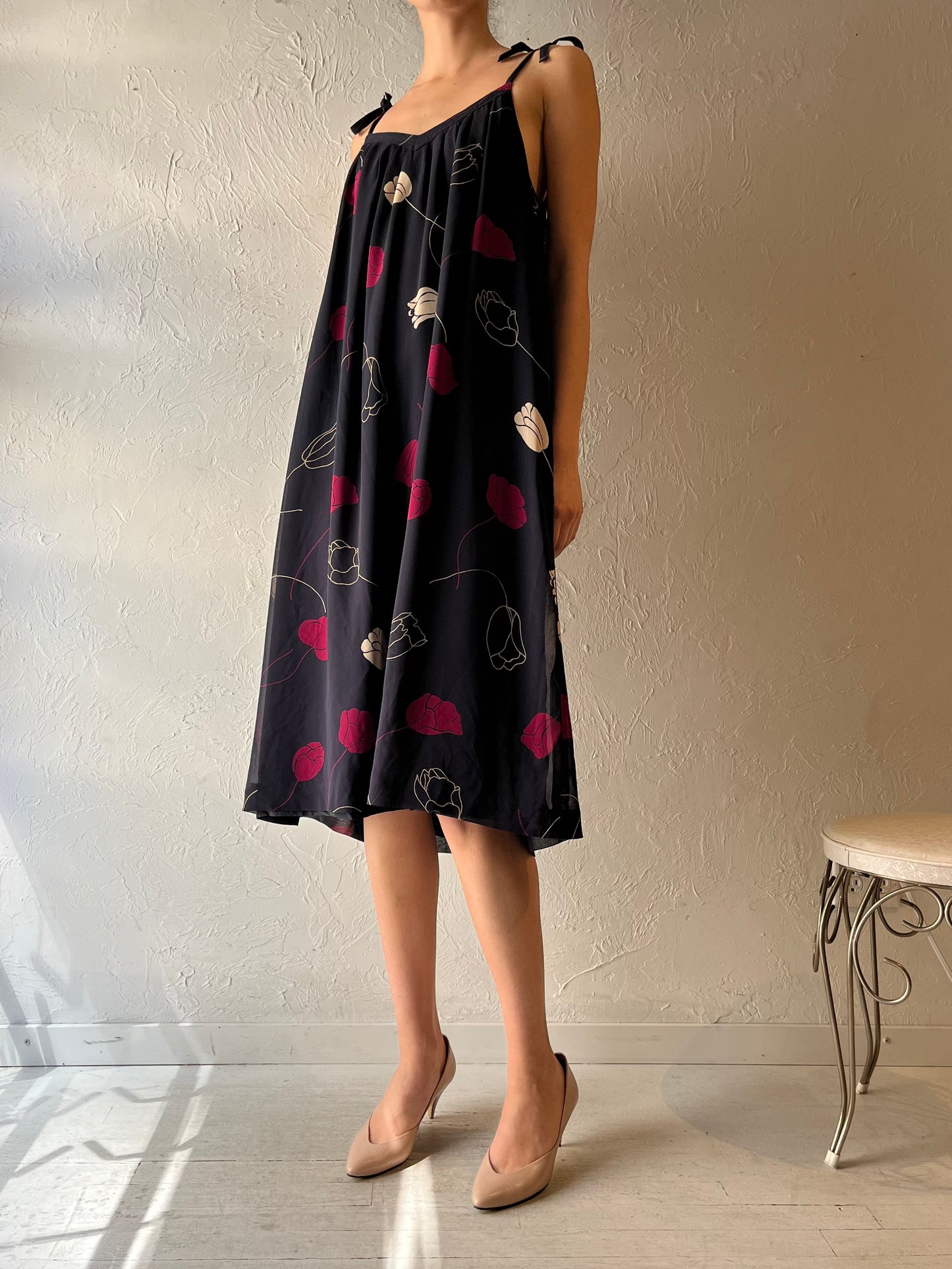 90s 'My Cathalin' Black Floral Retro Baby Doll Summer Dress / Vintage 1990s Grunge Floral Mini Dress /Small - Medium