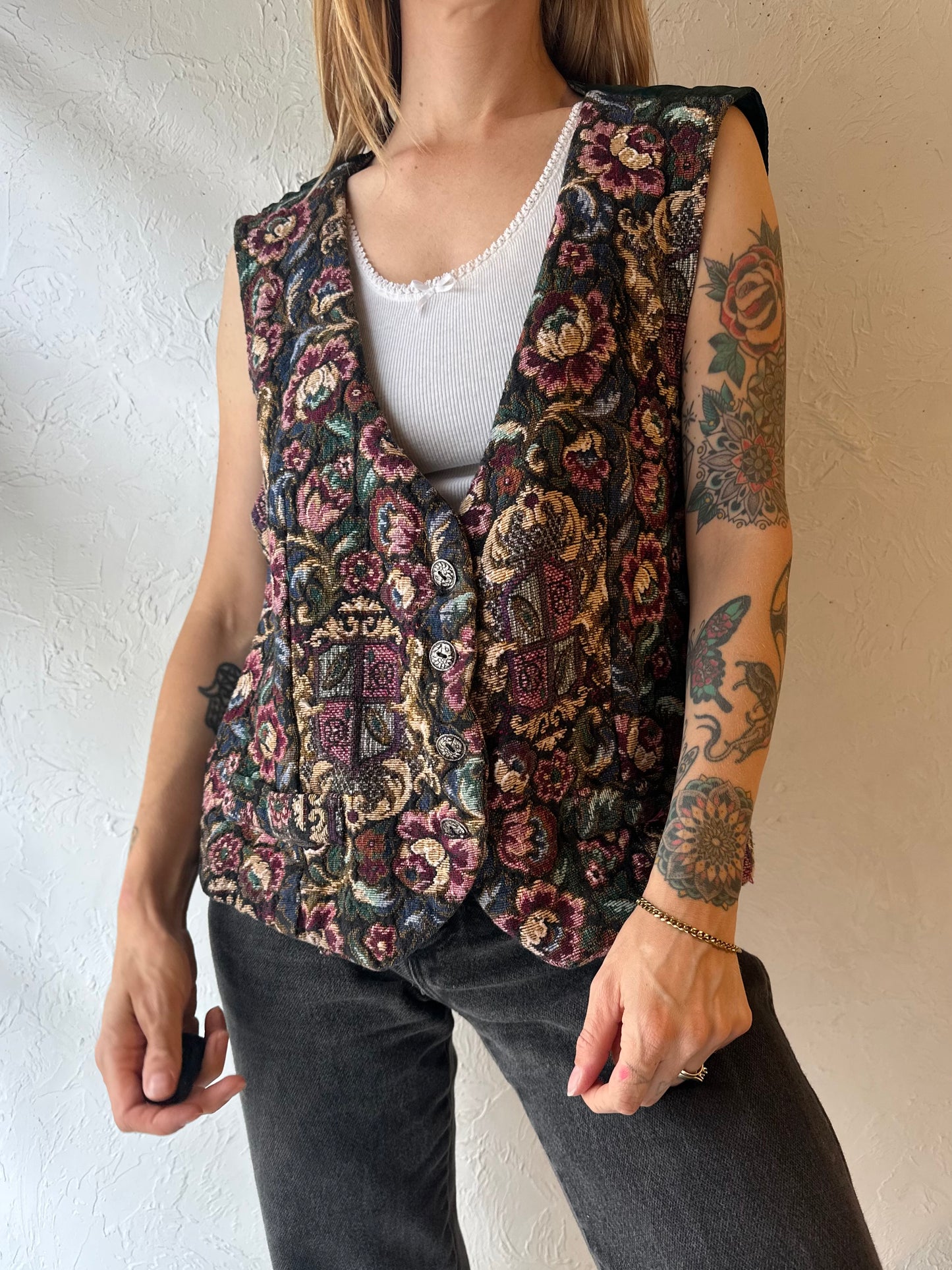 90s 'Basic Traditions' Floral Tapestry Vest / Large