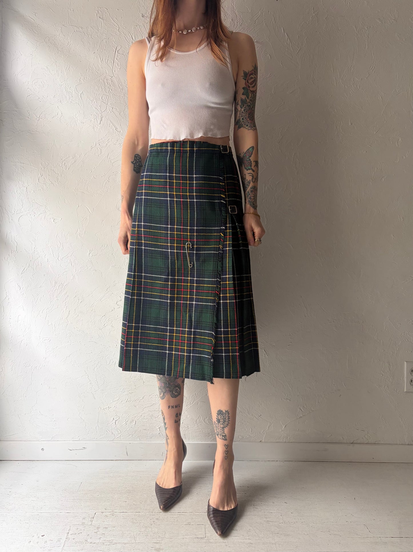80s 'Julius' Green Plaid Pleated Preppy Academia Midi Skirt / Small