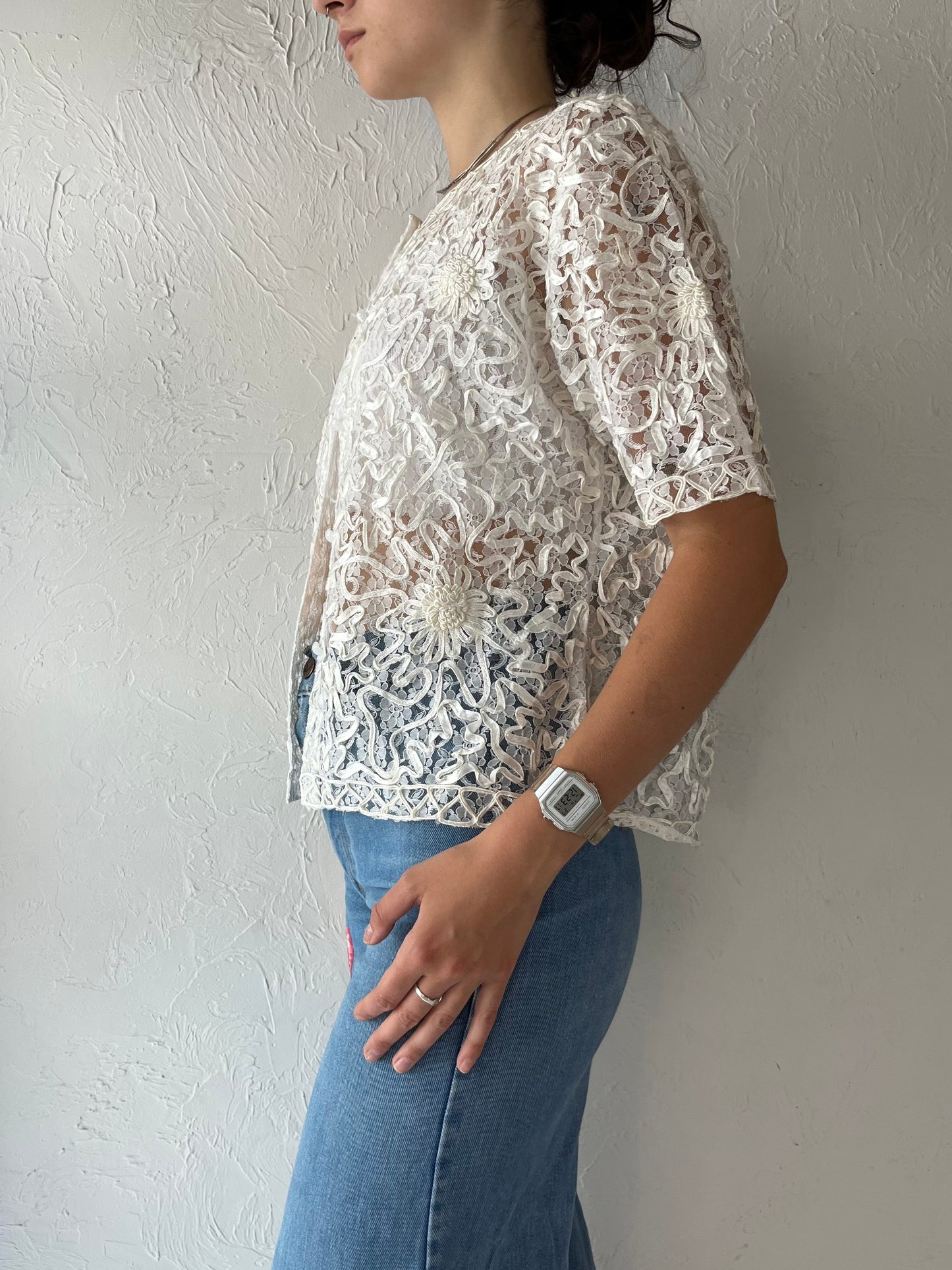 Y2K 'Yalenti' White Rayon Lace Short Sleeve Cardigan Top / Small