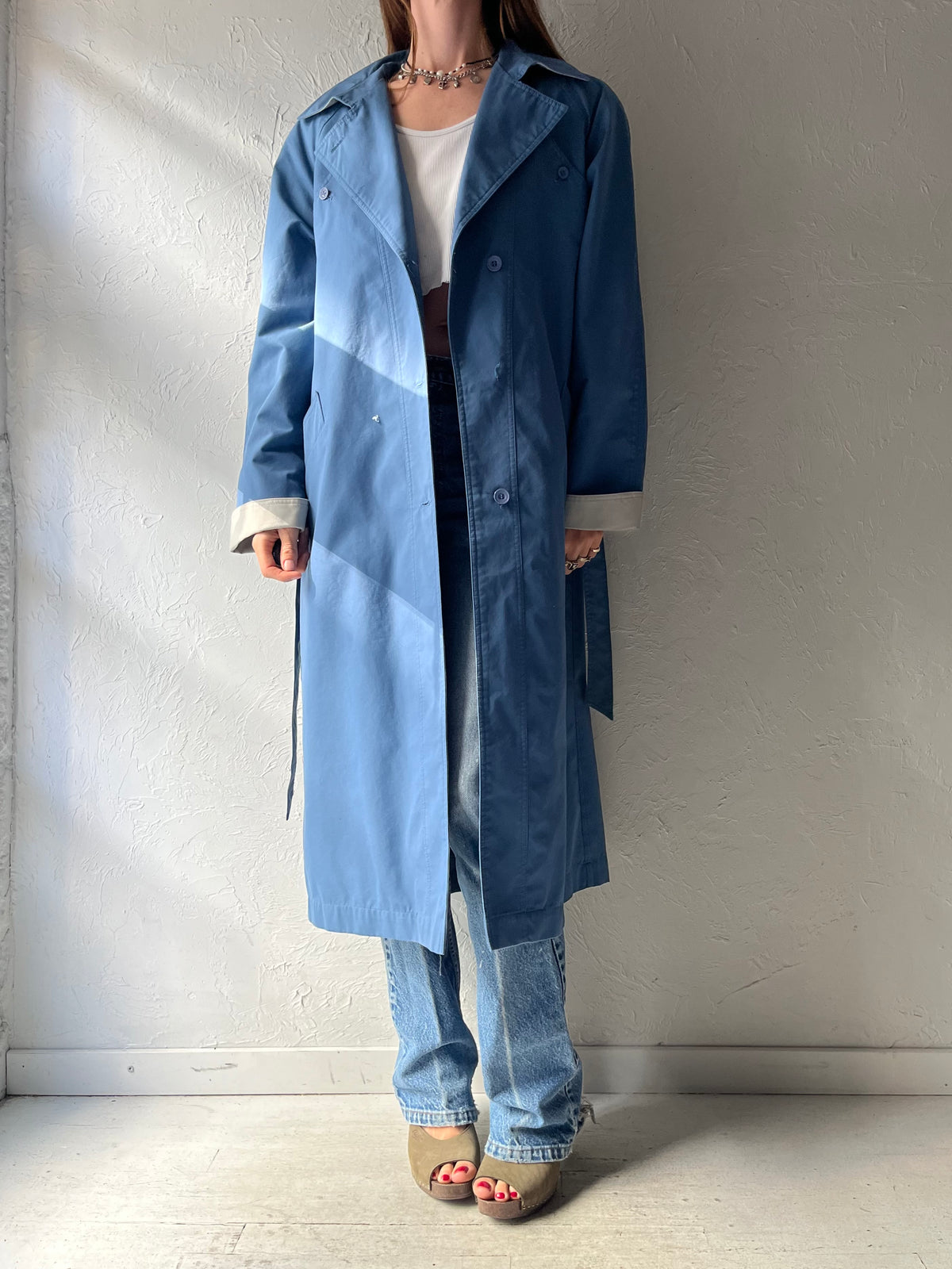 90s 'Niccolini' Blue Minimalist Old Money Academia Fall Trench Coat / Medium