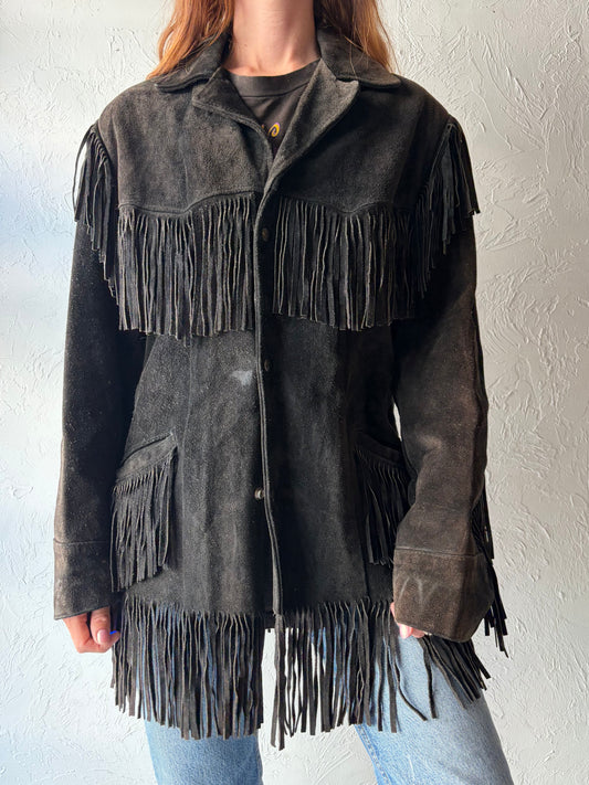 70s 'Excelled' Black Suede Fringe Jacket / Medium