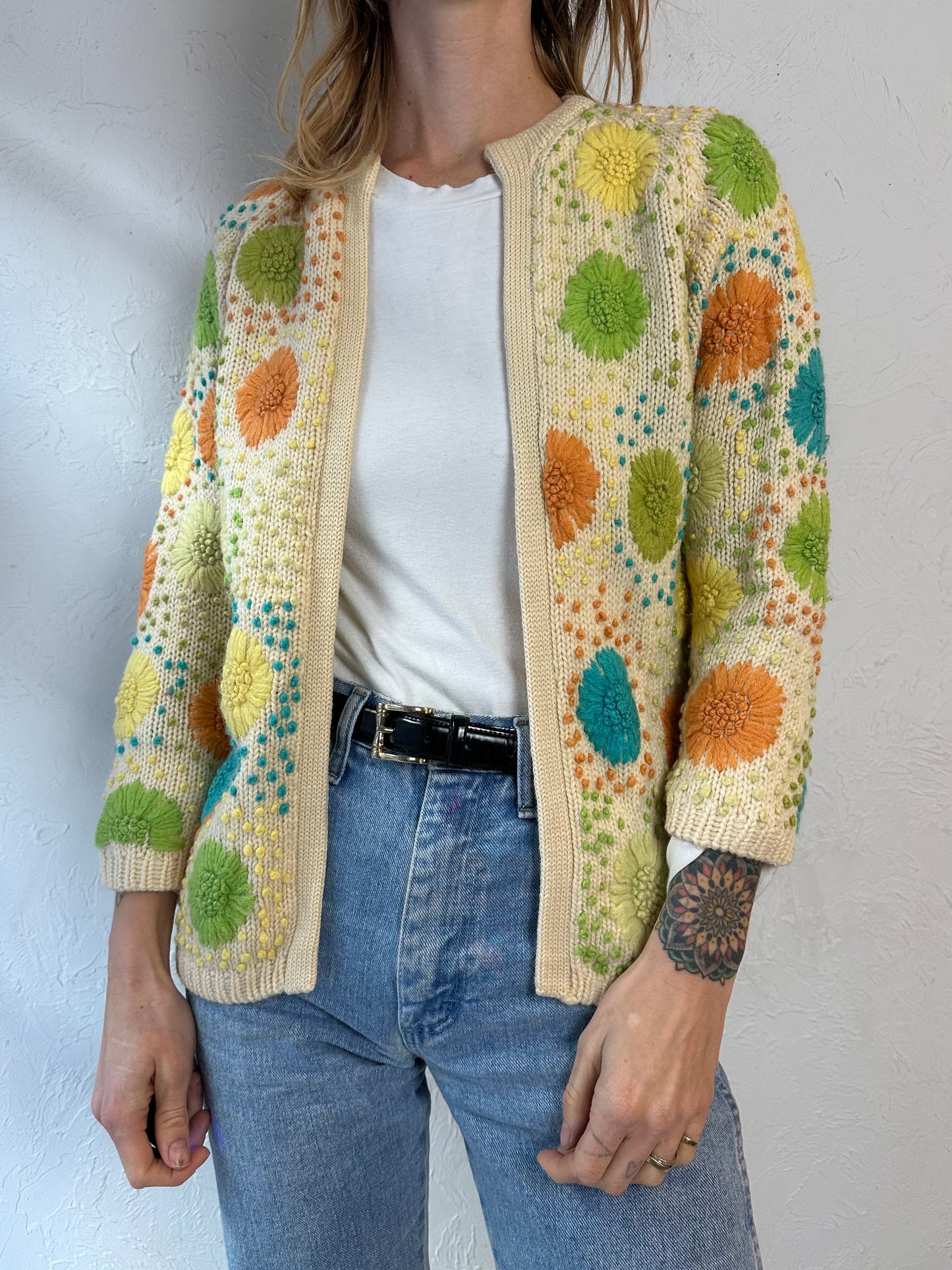 Vintage Hand Knit Cream Embroidered Cardigan Sweater / Small