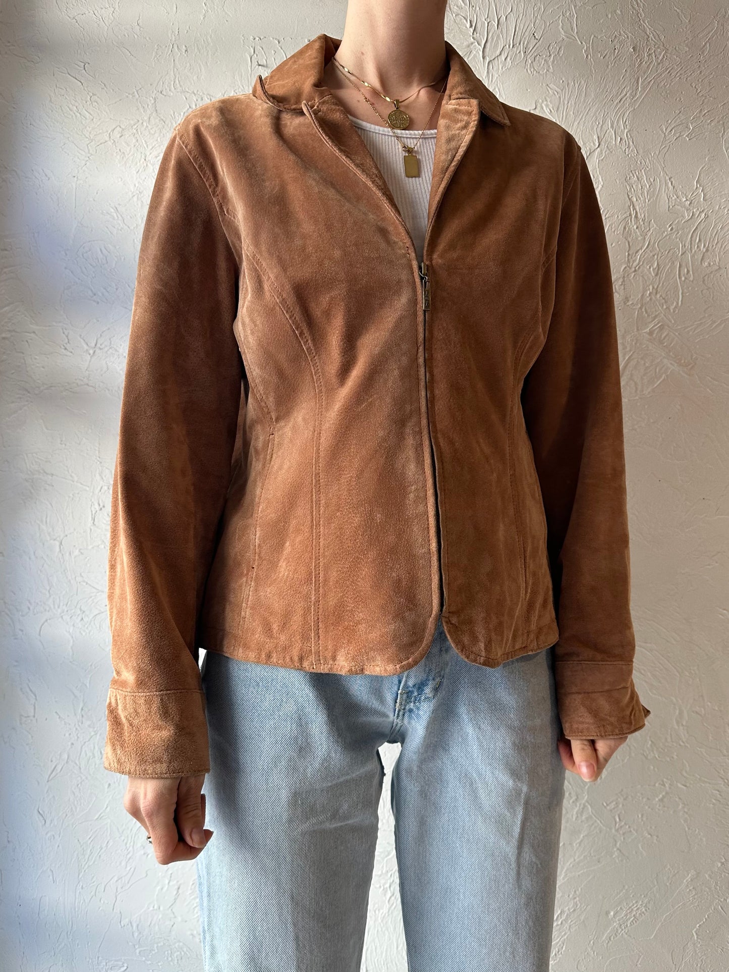 Y2k 'Live A Little' Tan Suede Leather Jacket / Large