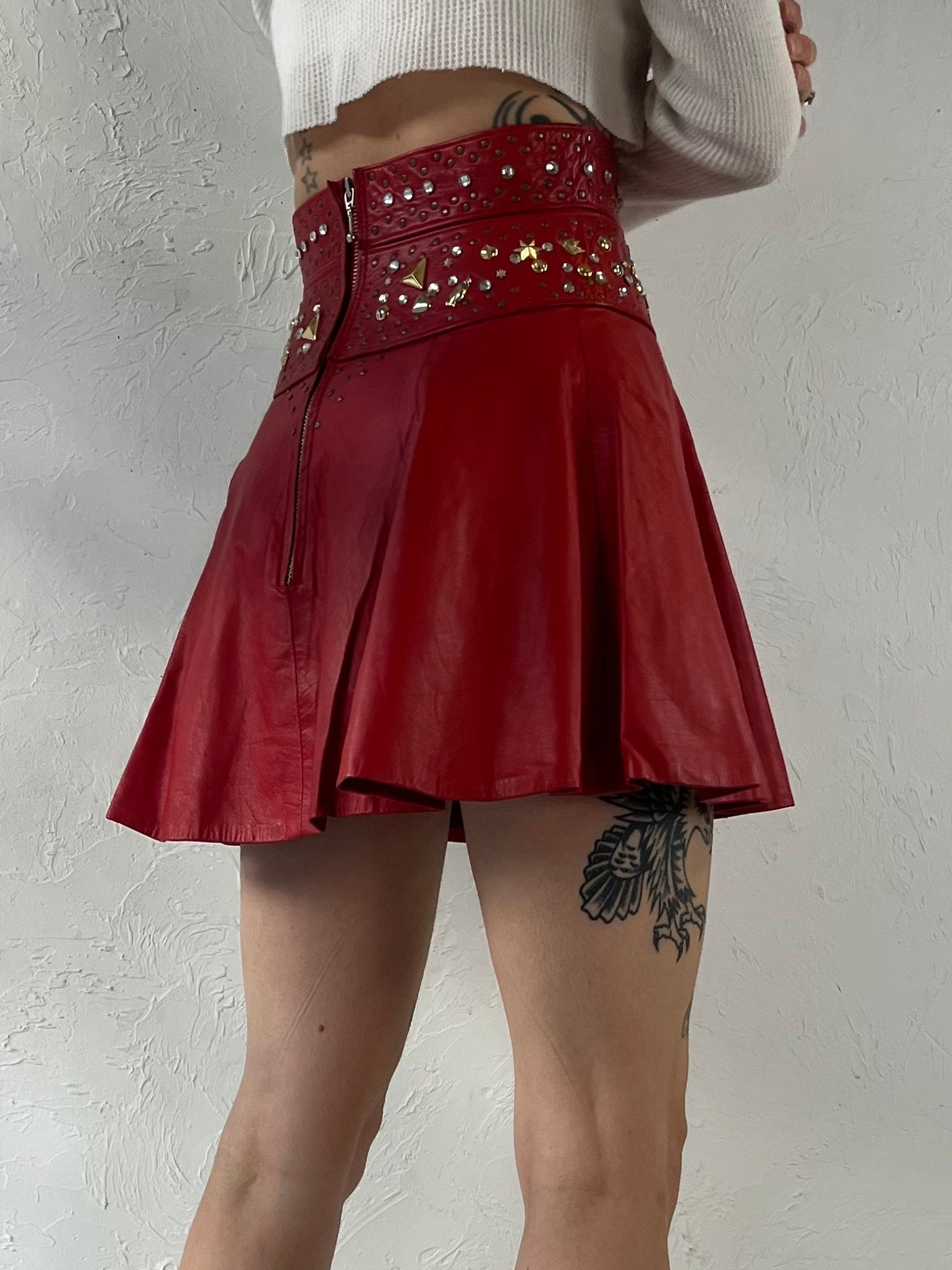 80s Red Leather Mini Skirt / Small
