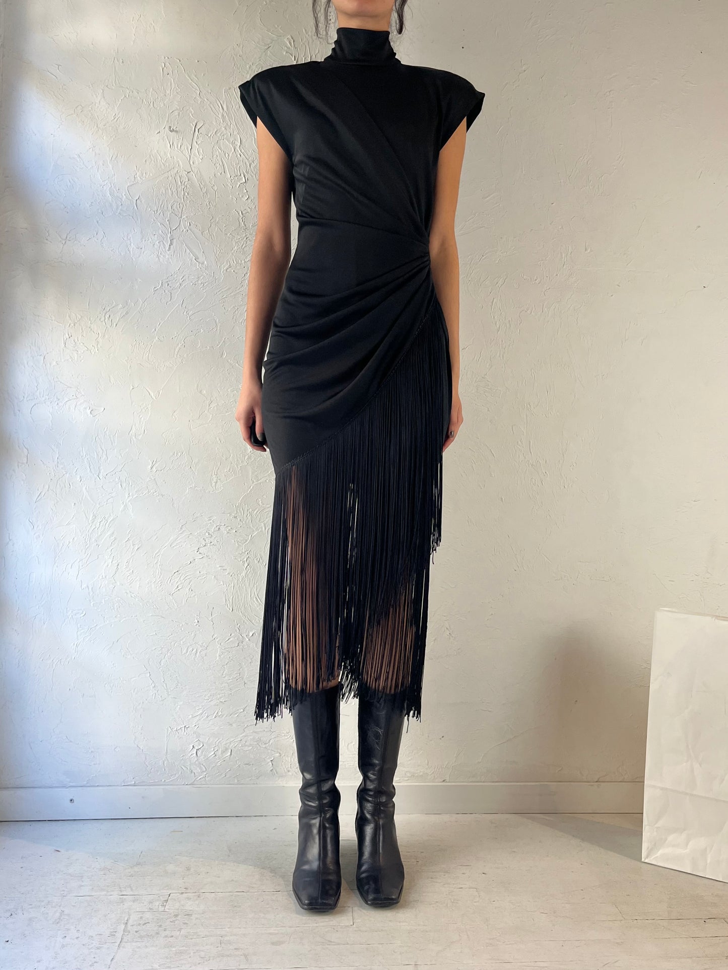 Vintage Black Formal Fringe Dress / Small