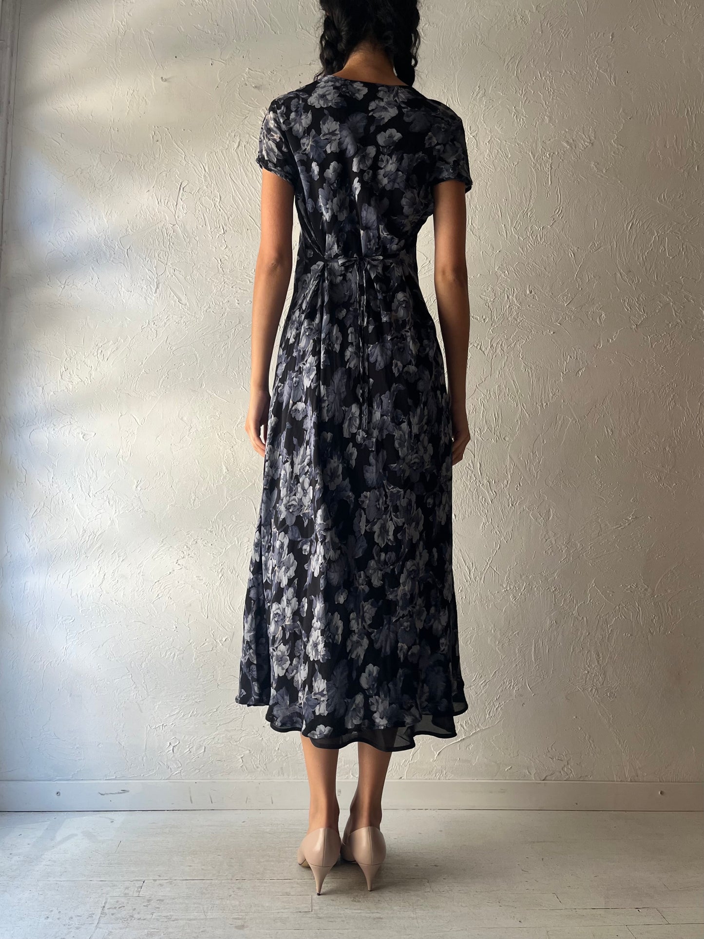 90s 'Jones & Co' Floral Print Rayon Midi Dress / Medium