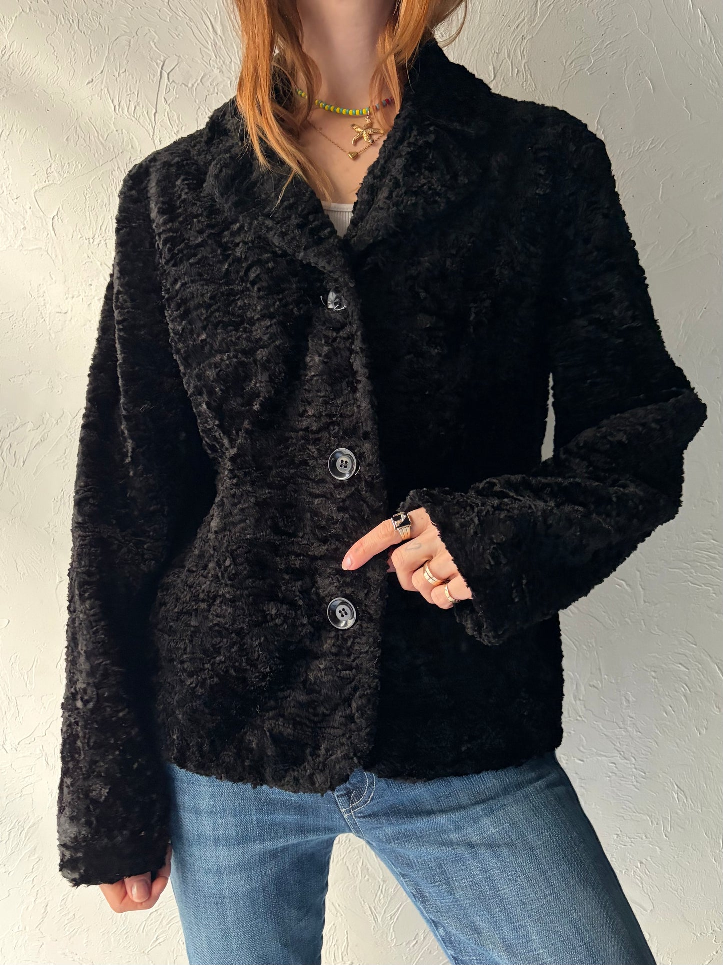 90s 'Le Chateau' Black Faux Fur Jacket / Large