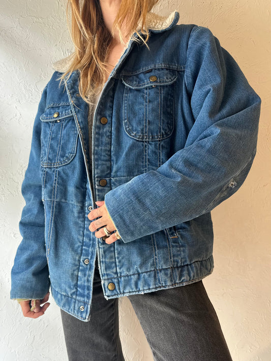80s ‘Key’ Faux Shearling Lined Denim Jacket / Large
