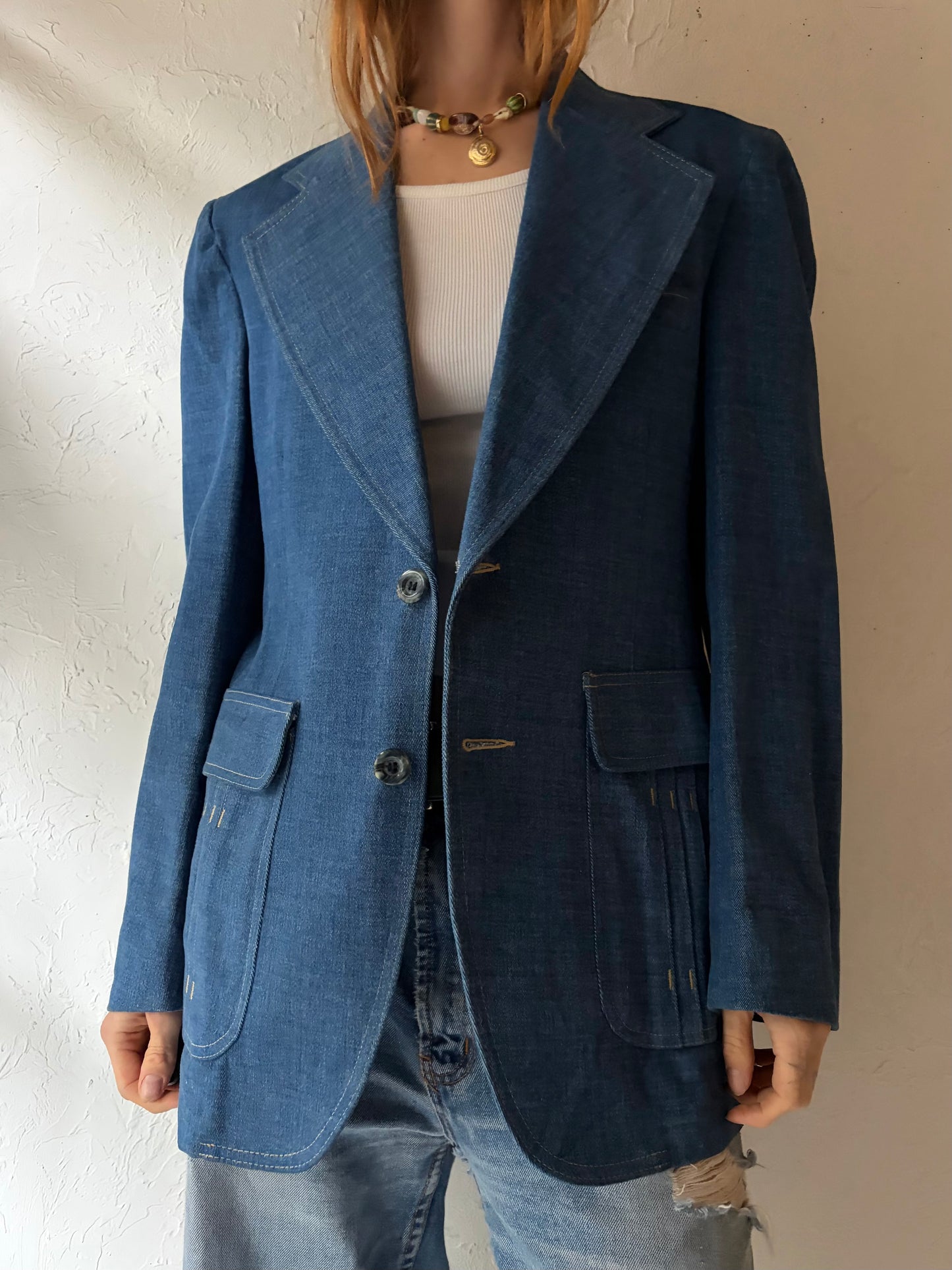 70s 'Edwin Scott' Denim Blazer Jacket / Large