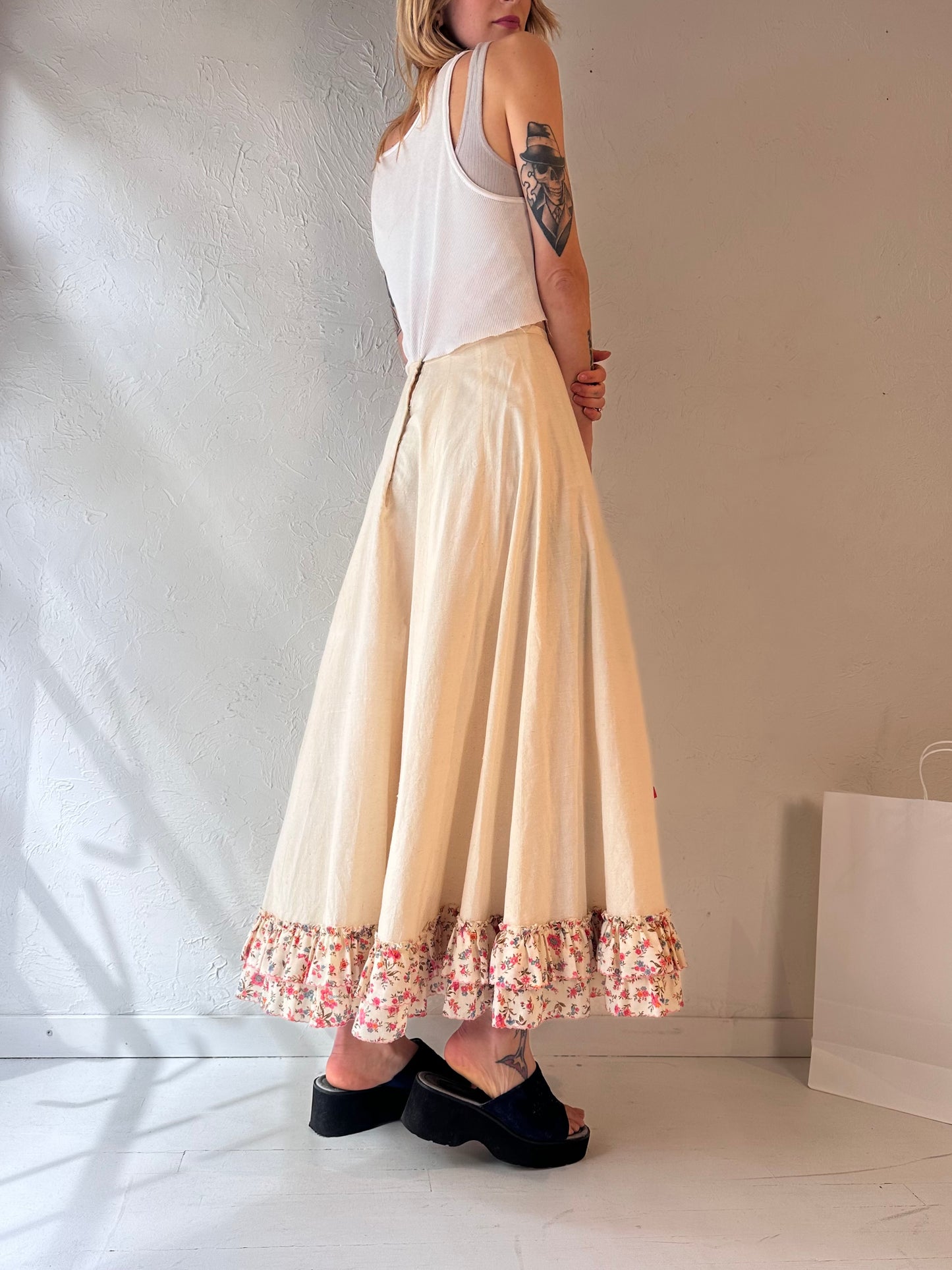 Vintage Handmade Cream Ruffle Maxi Skirt / XS - Small