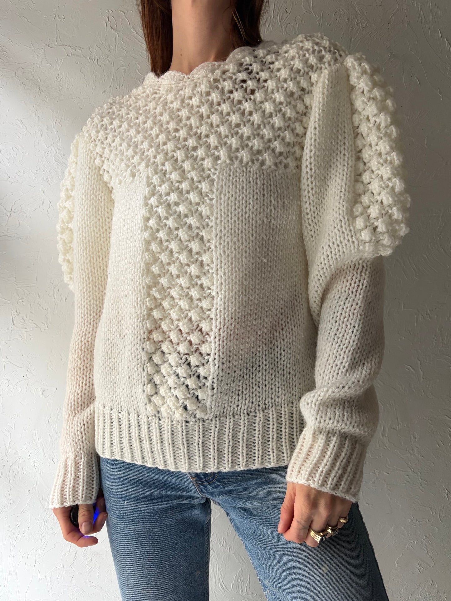 90s 'JS' White Acrylic Retro Crew Neck Knit Sweater / Vintage 1990s Minimalist Winter Pullover / Large