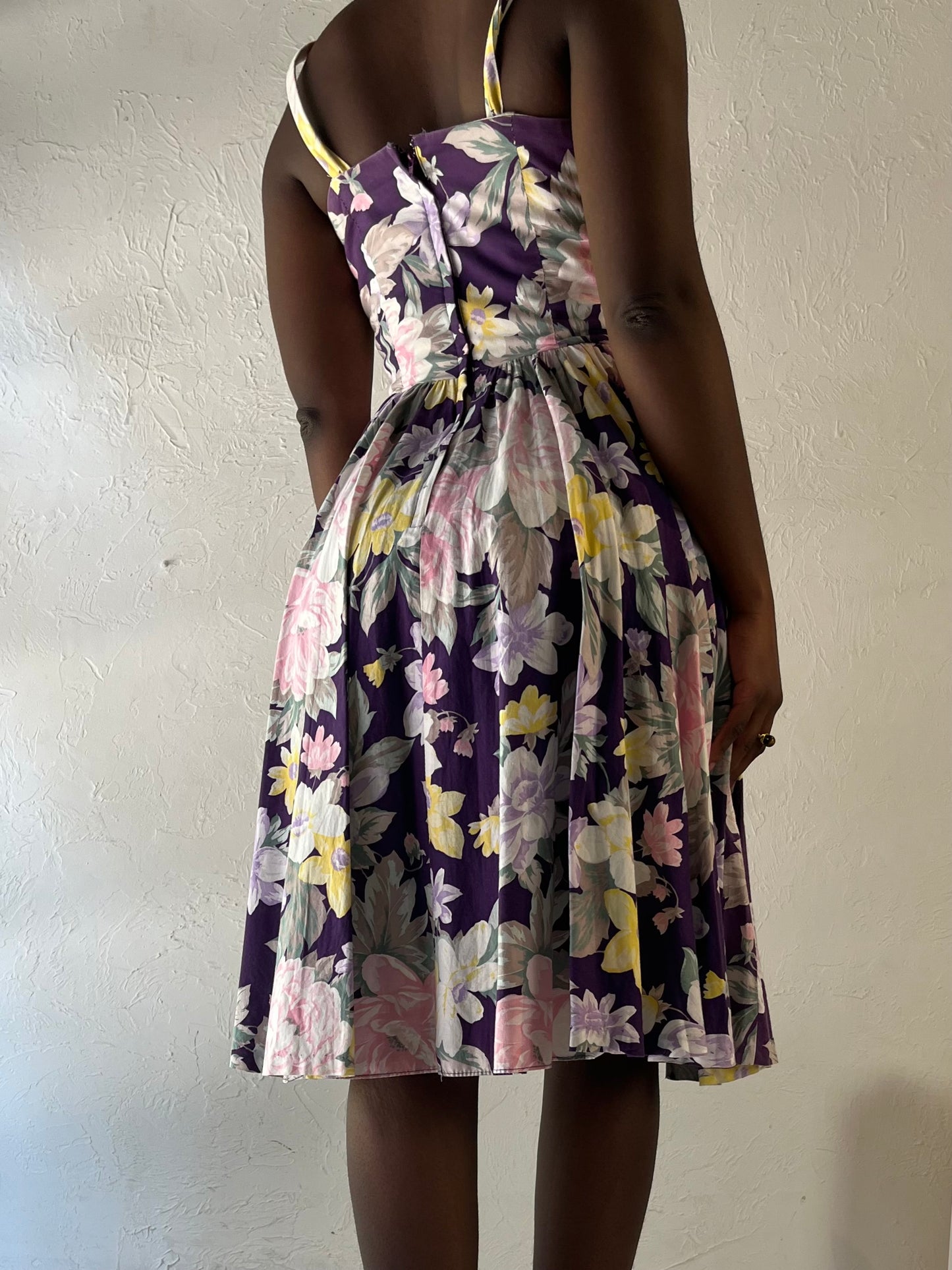 90s 'Lori Ann' Purple Floral Print Cotton Midi Dress / Medium