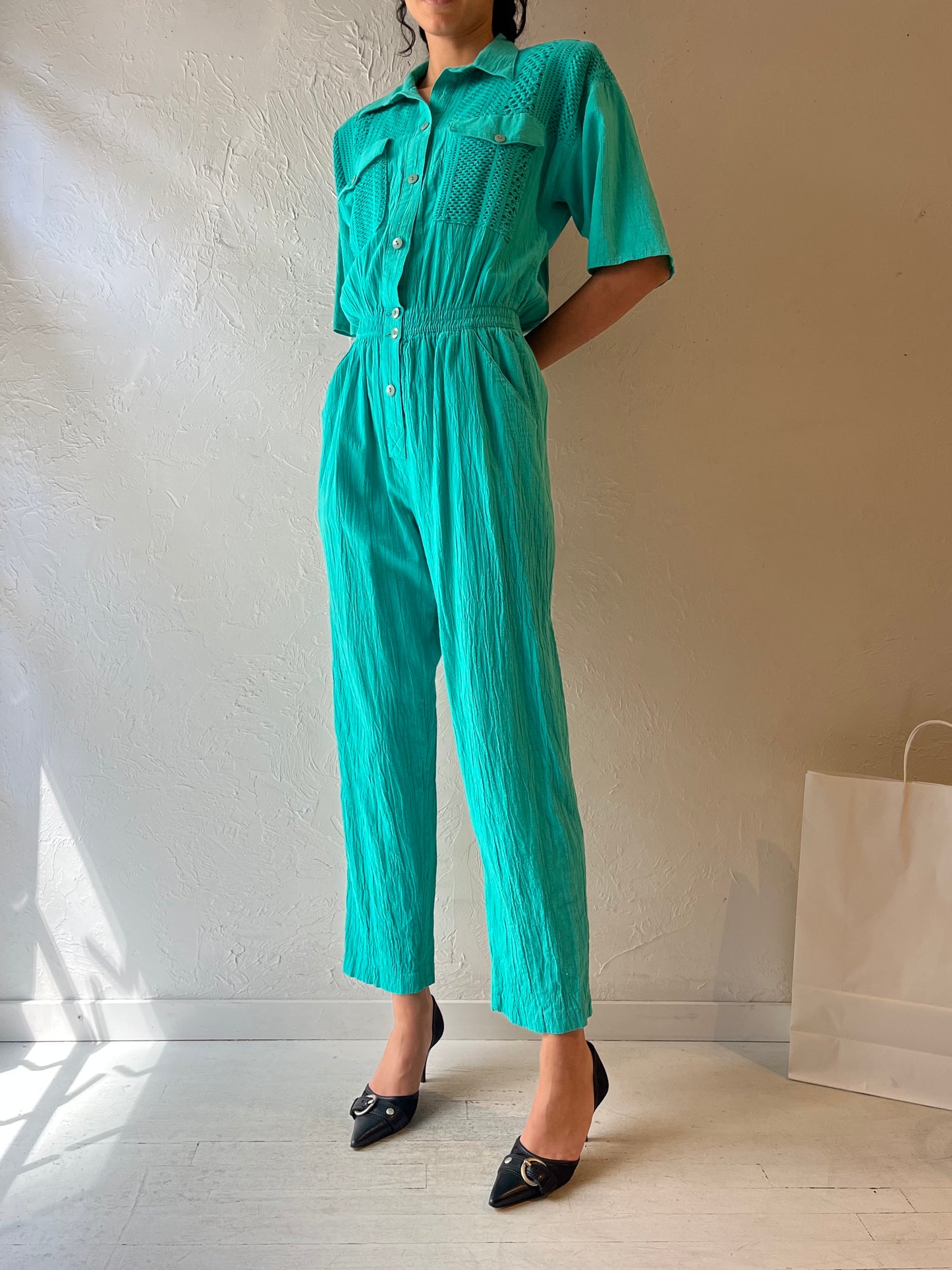 90s ‘Sea Suns’ Teal Collared Jumpsuit / Medium