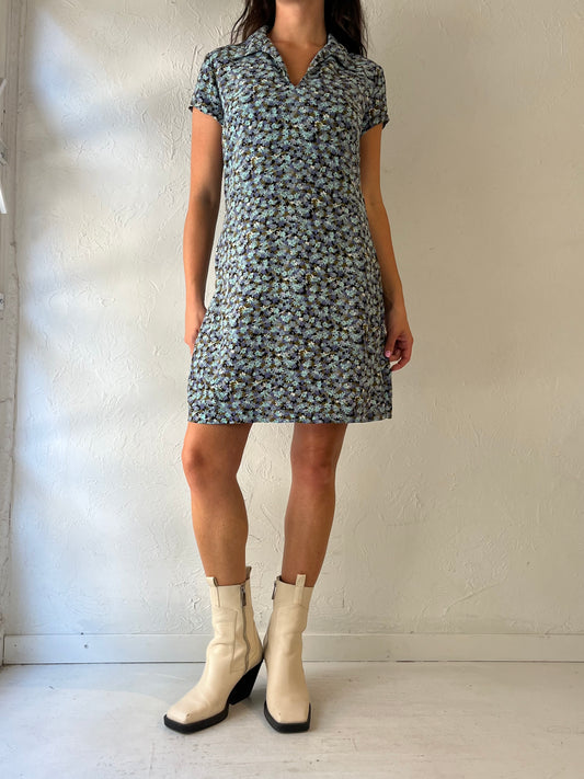 90s 'California Girl' Blue Floral Print Mini Dress / Medium