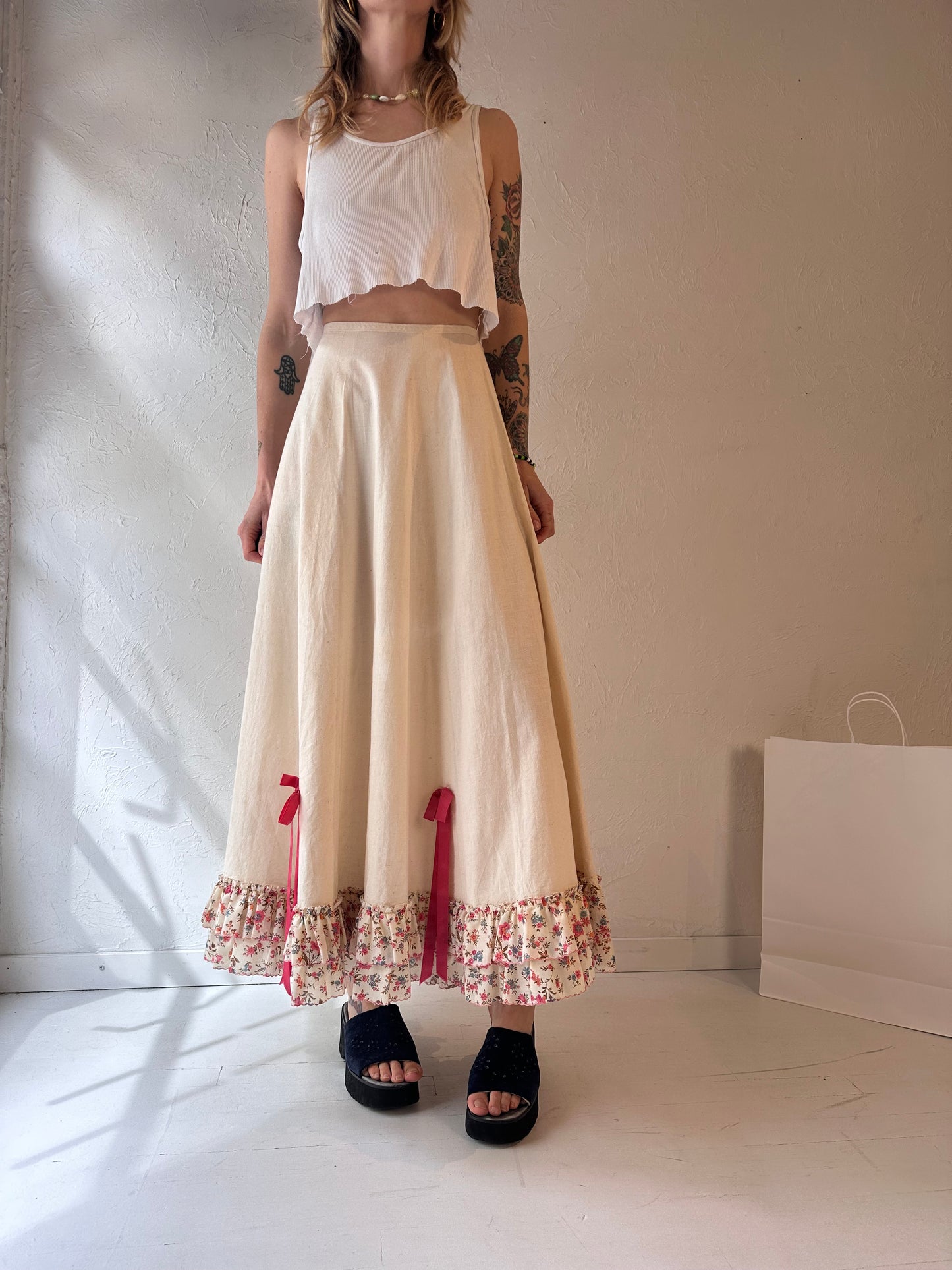 Vintage Handmade Cream Ruffle Maxi Skirt / XS - Small