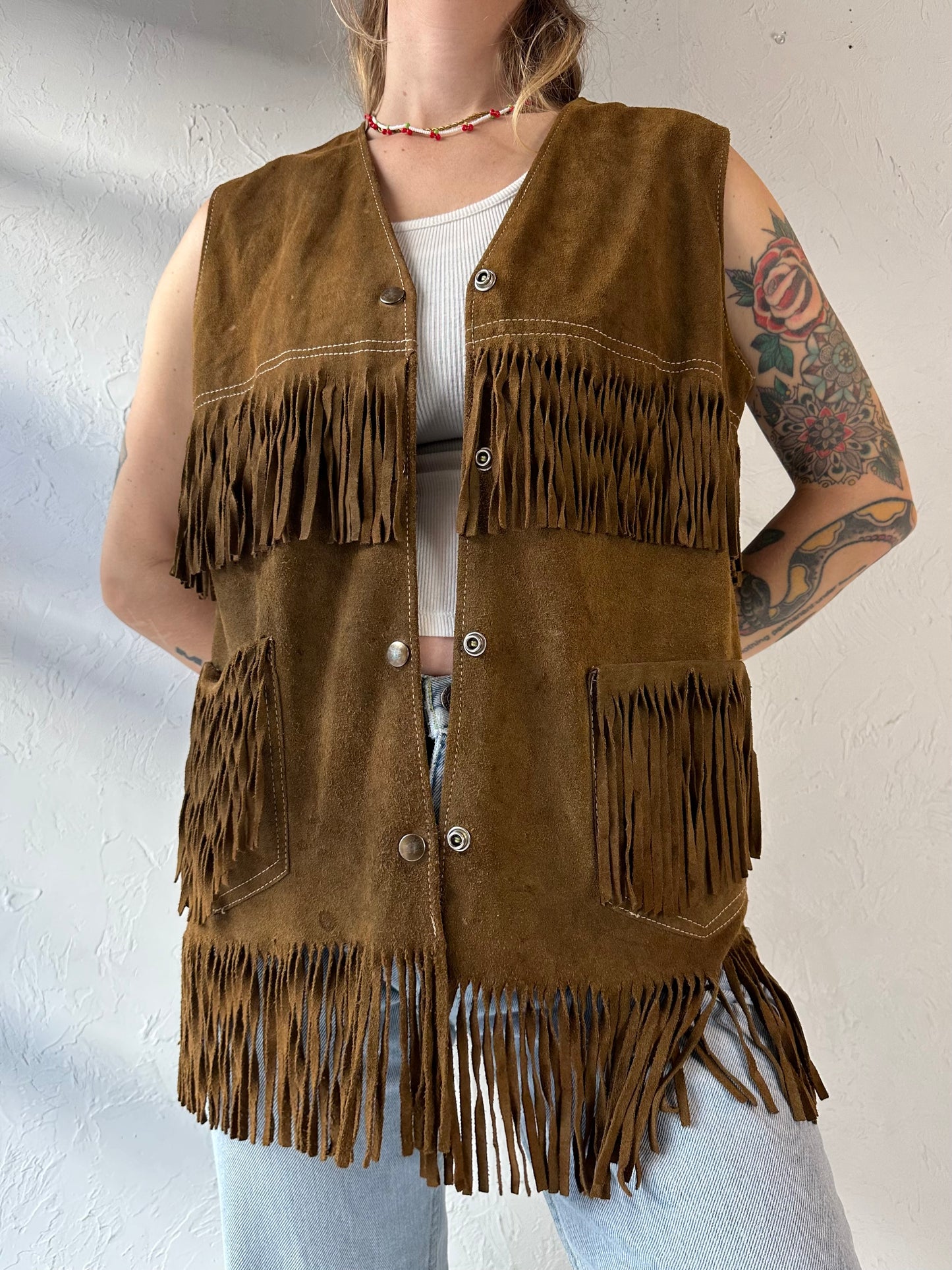 Vintage Suede Leather Western Fringe Vest / Medium