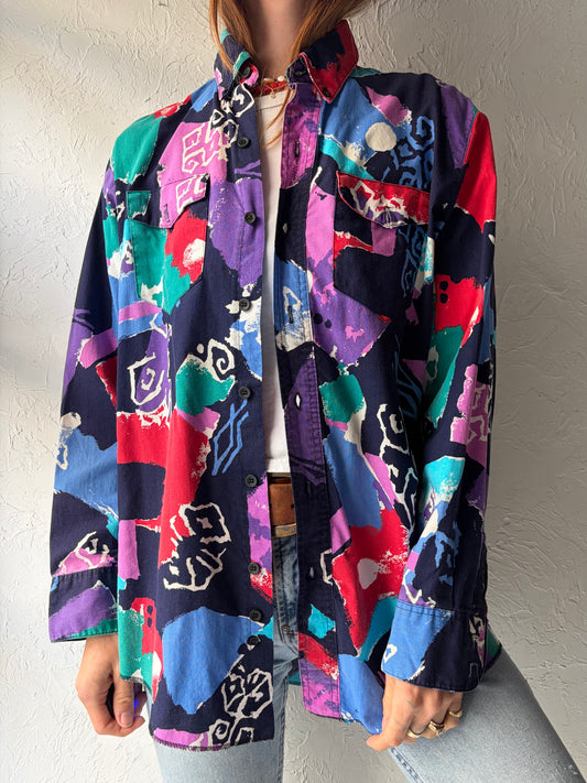 80s 'Wrangler' Patterned Retro Western Button Up Shirt / Vintage 1980s Cowboy Work Wear Shirt / Medium